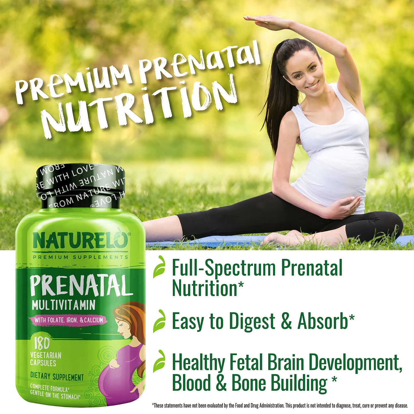 NATURELO Prenatal Multivitamin with Gentle Chelated Iron, Methyl Folate, Plant Calcium & Choline - Vegan, Vegetarian - Non-GMO - Gluten Free - 180 Capsules - 2 Month Supply