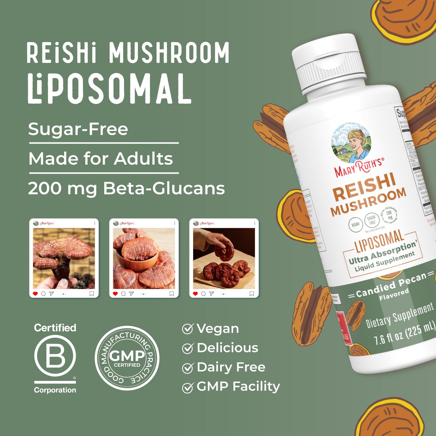 MaryRuth Organics Reishi Vegan Mushroom Supplement | Ultra Absorption Liposomal | Immune Support with 200mg Beta-Glucans, Vegan |Full Spectrum Reishi Mushrooms Fruiting Body | 7.6 oz,