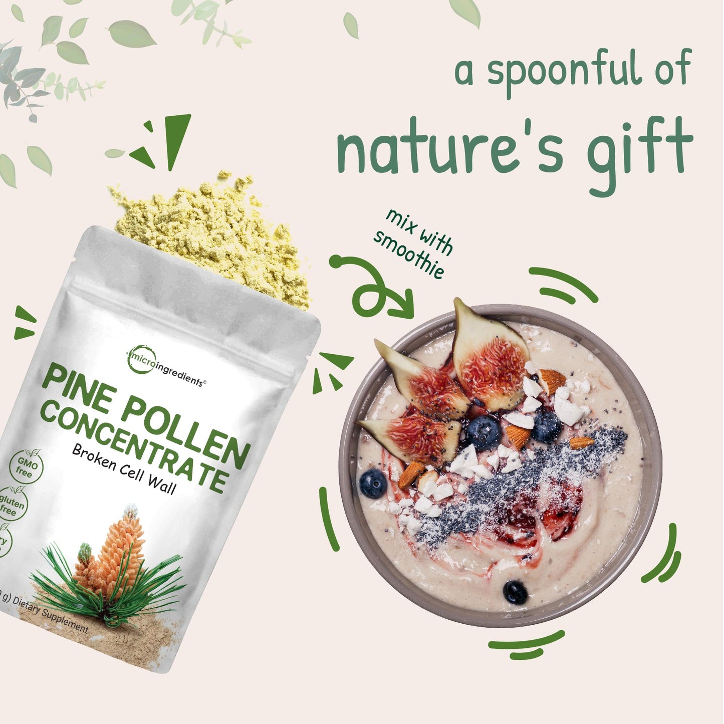 Micro Ingredients Pure Pine Pollen Powder, 6 Ounce, Wild Harvest an Broken Cell Wall, Supports Immune System Health, Boosts Energy, Antioxidant & Androgenic, No GMOs, Vegan Friendly