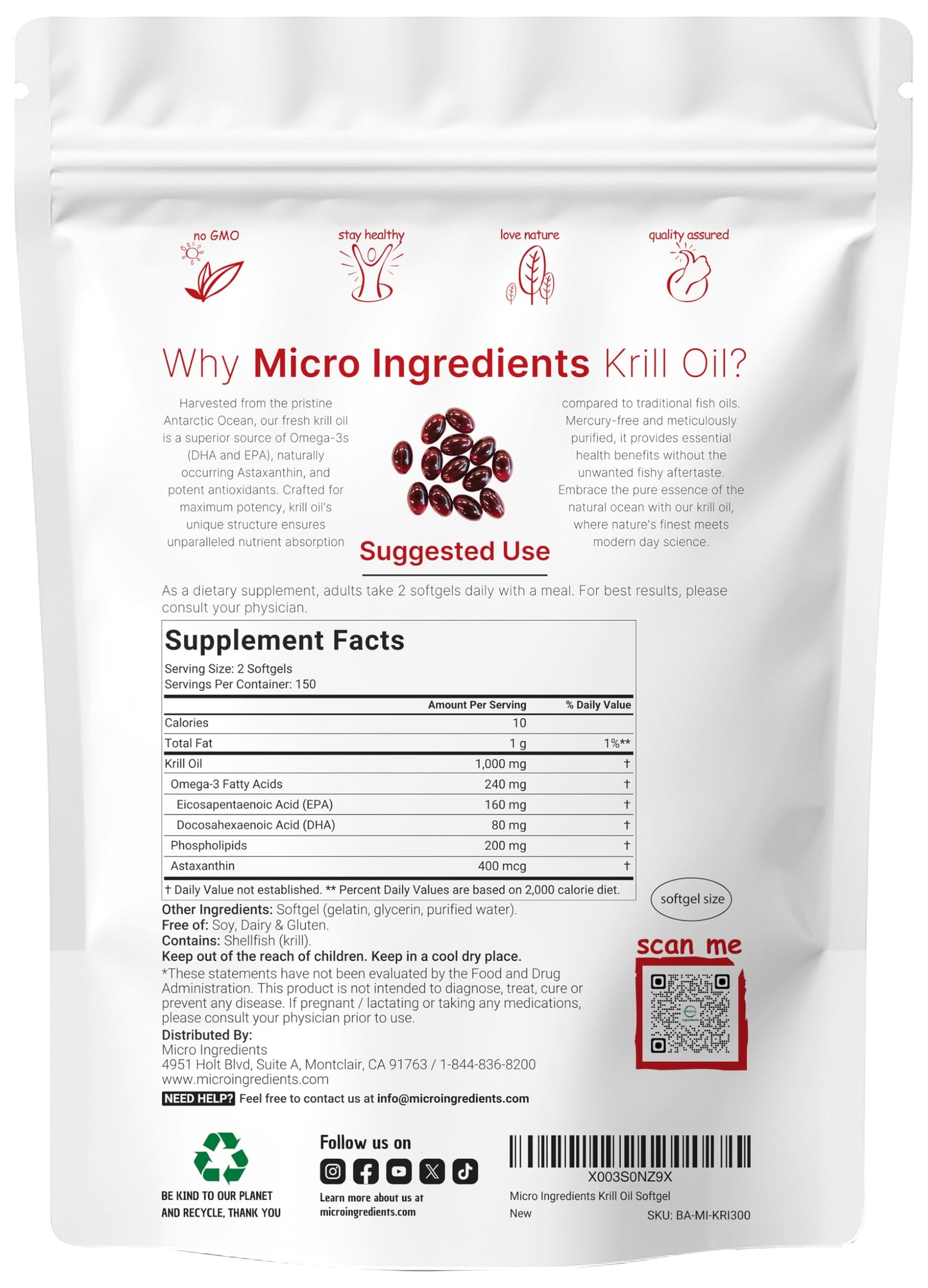 Micro Ingredients Antarctic Krill Oil Supplement with Natural Astaxanthin, 1000mg Per Serving, 300 Soft-Gels, Rich in Omega-3s EPA & DHA, Supports Immune System & Brain Health, Easy to Swallow