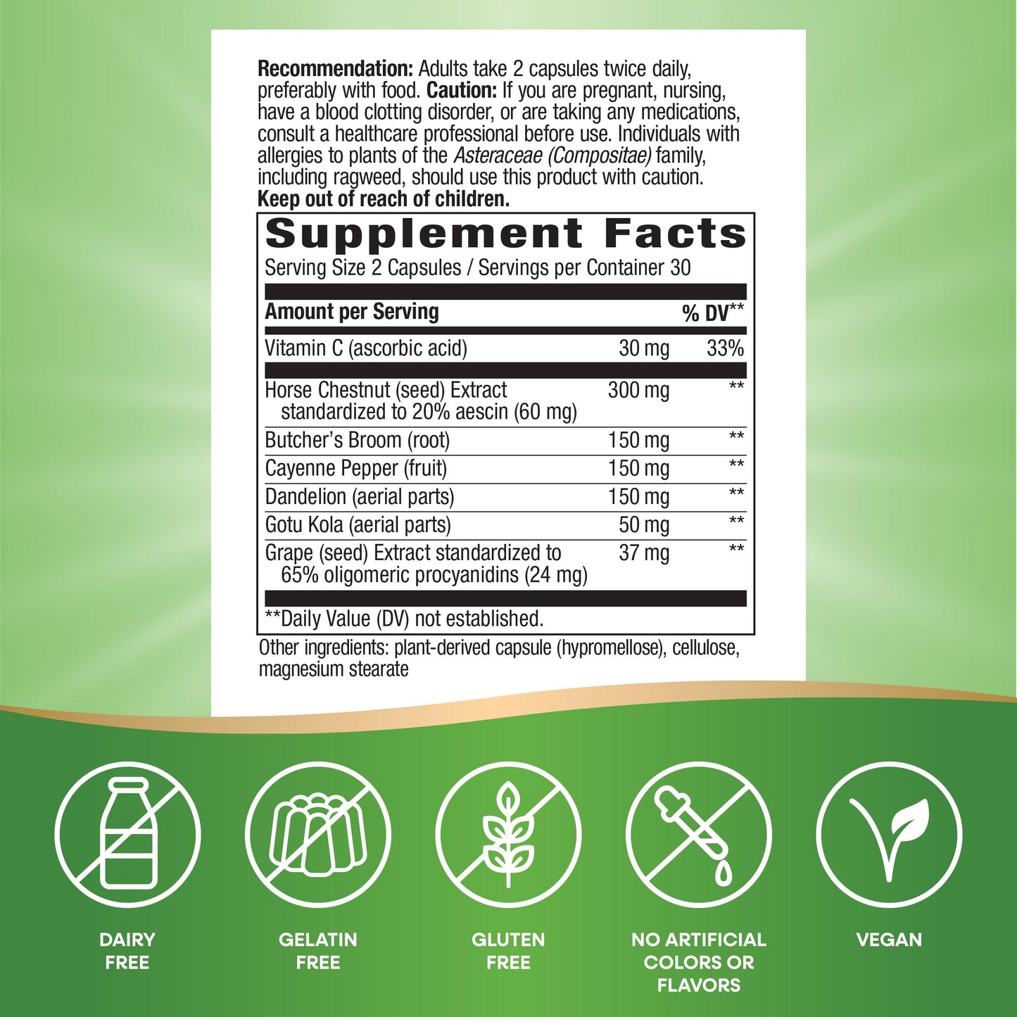 Nature's Way Leg Veins, Supports Healthy Leg Vein Strength*, 6-Herb Blend, With Horse Chestnut Extract, Dandelion, Gluten Free, 60 Vegan Capsules (Packaging May Vary)
