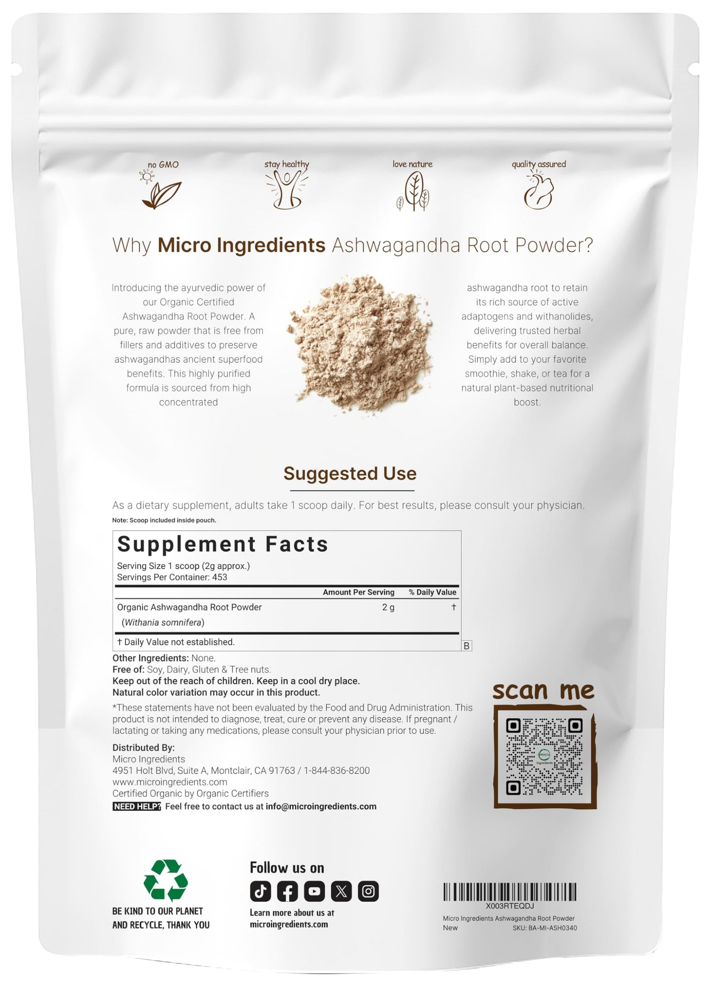 Micro Ingredients Organic Ashwagandha Root Powder | 2 Pound, No Filler, No Additives, Highly Purified | Active Withanolides, Adaptogenic Ayurvedic Herbal Supplements, No GMO, Gluten Free, India Origin