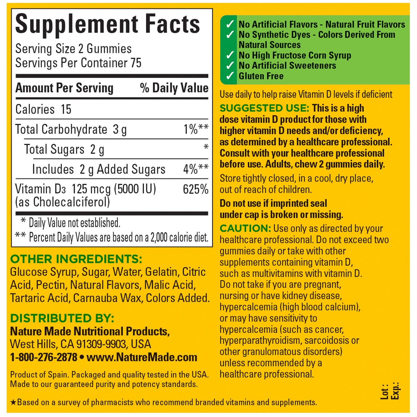 Nature Made Extra Strength Vitamin D3 5000 IU (125 mcg) per Serving, Dietary Supplement for Bone, Teeth, Muscle and Immune Health Support, 150 Gummies, 75 Day Supply (Pack of 2)