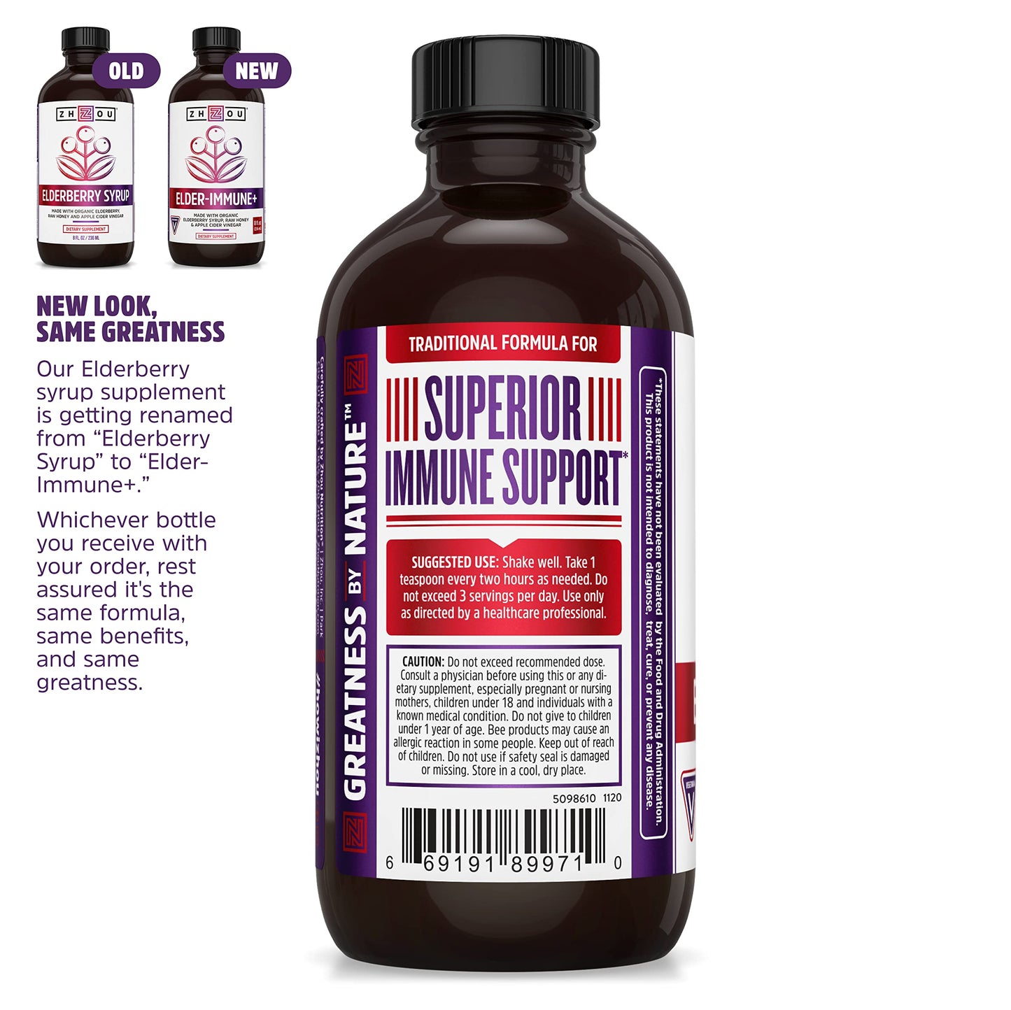 Zhou Nutrition Elder-Mune+ Syrup - Organic Black Elderbery Syrup for Adults, Immune Support Elixir with Apple Cider Vinegar, Echinacea Tincture, Natural Wellness - 8 Fl Oz Glass Bottle