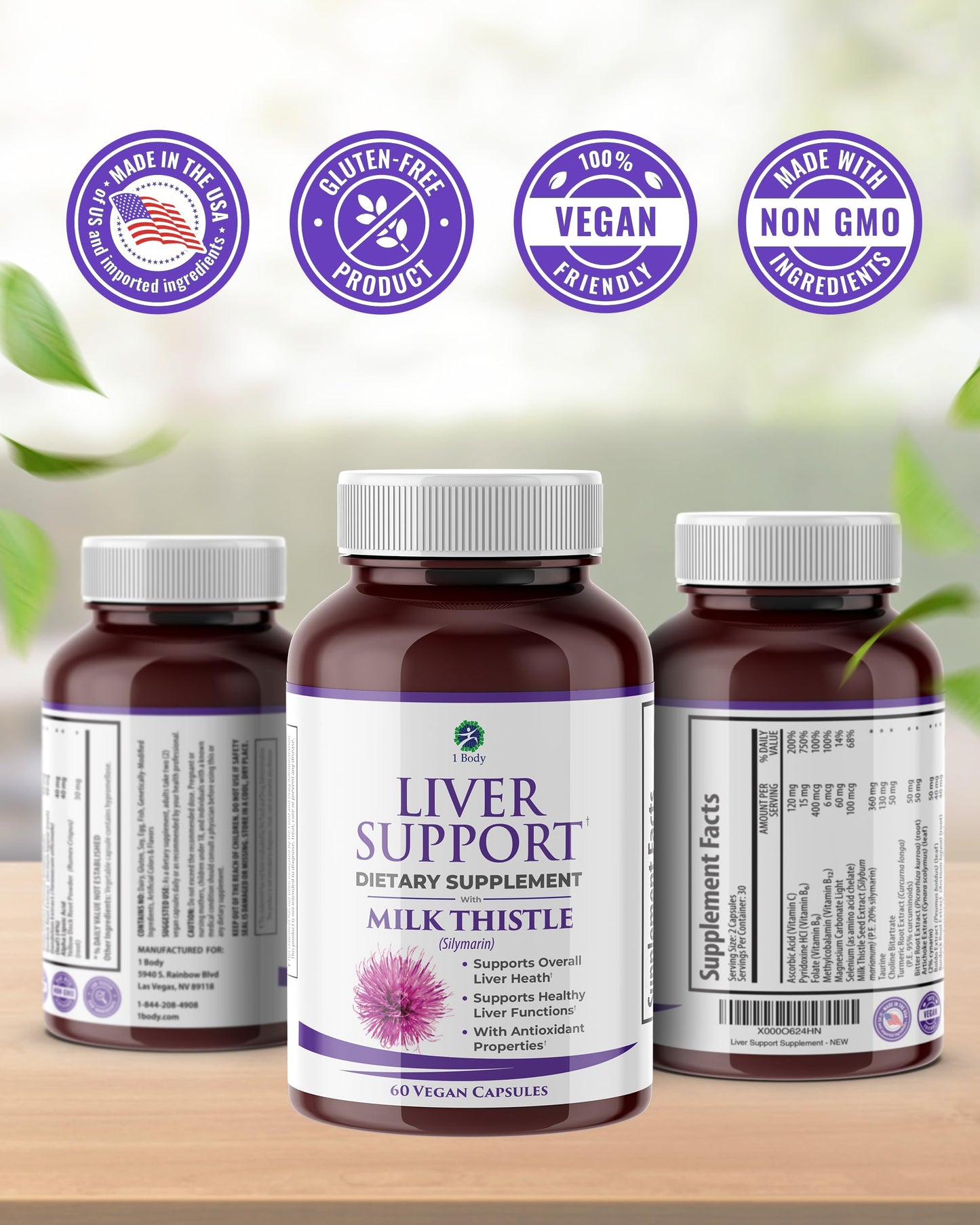 1 Body Liver Support Supplement – Milk Thistle, Dandelion Root & Artichoke for Liver Cleanse & Function, Natural Liver Health Formula, Non-GMO, Vegan 60 Capsules