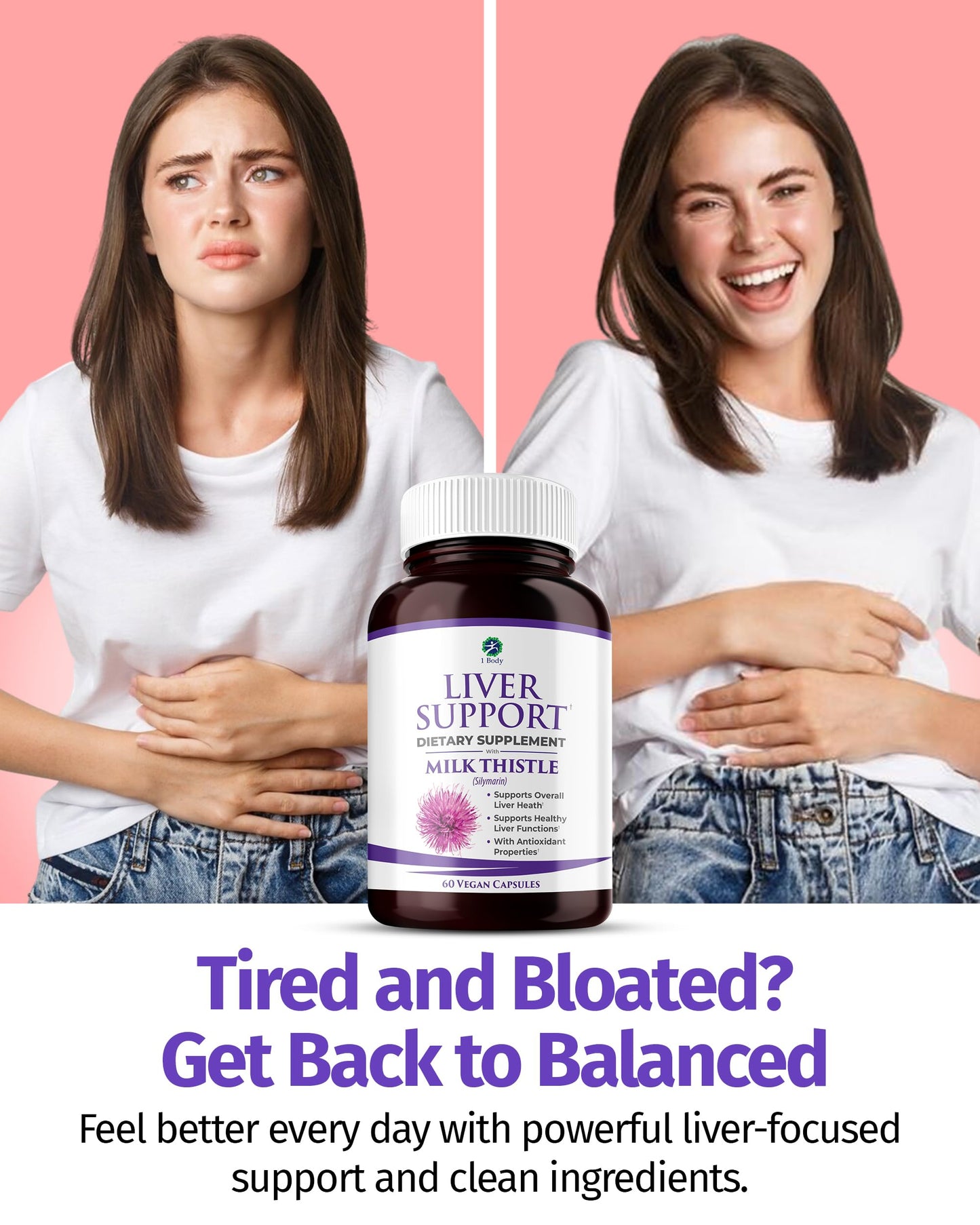1 Body Liver Support Supplement – Milk Thistle, Dandelion Root & Artichoke for Liver Cleanse & Function, Natural Liver Health Formula, Non-GMO, Vegan 60 Capsules