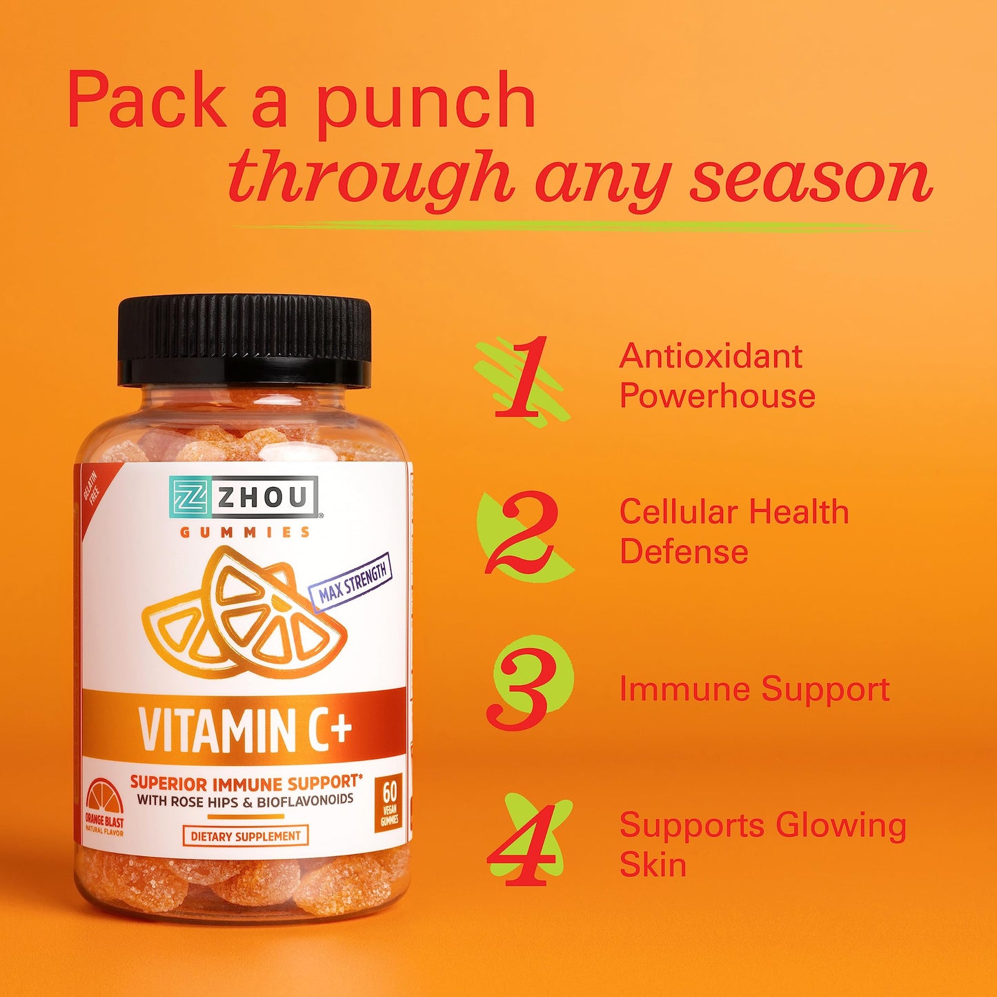 Zhou Vitamin C+ Gummies - Vitamin C Gummies for Adults and Kids, 270 mg per Gummy with Bioflavinoids and Acerola for Immune Support - 60 Vegan Gummies