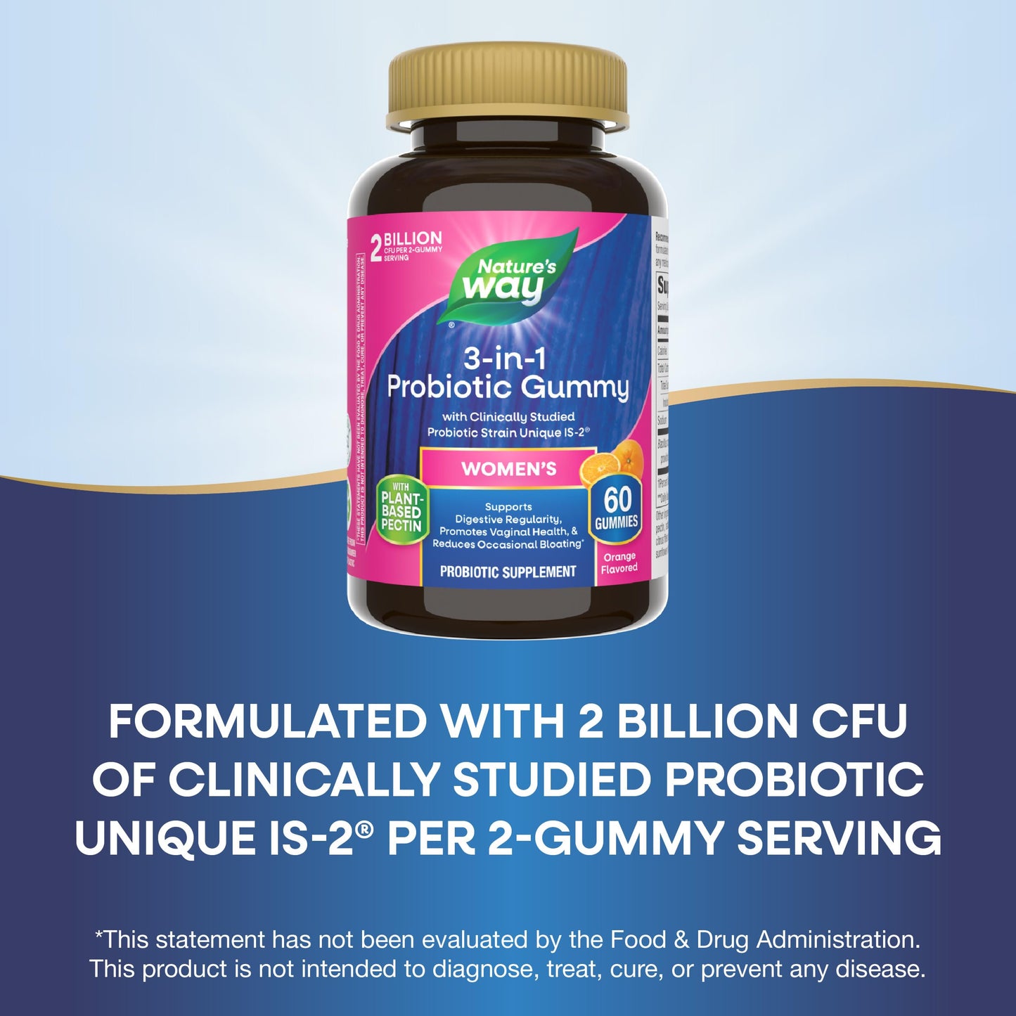 Nature's Way 3-in-1 Women’s Probiotic Gummies, Reduces Occasional Bloating*, Supports Digestive & Vaginal Health*, Clinically Studied Probiotic Strain, Gluten Free, Orange Flavored, 60 Gummies