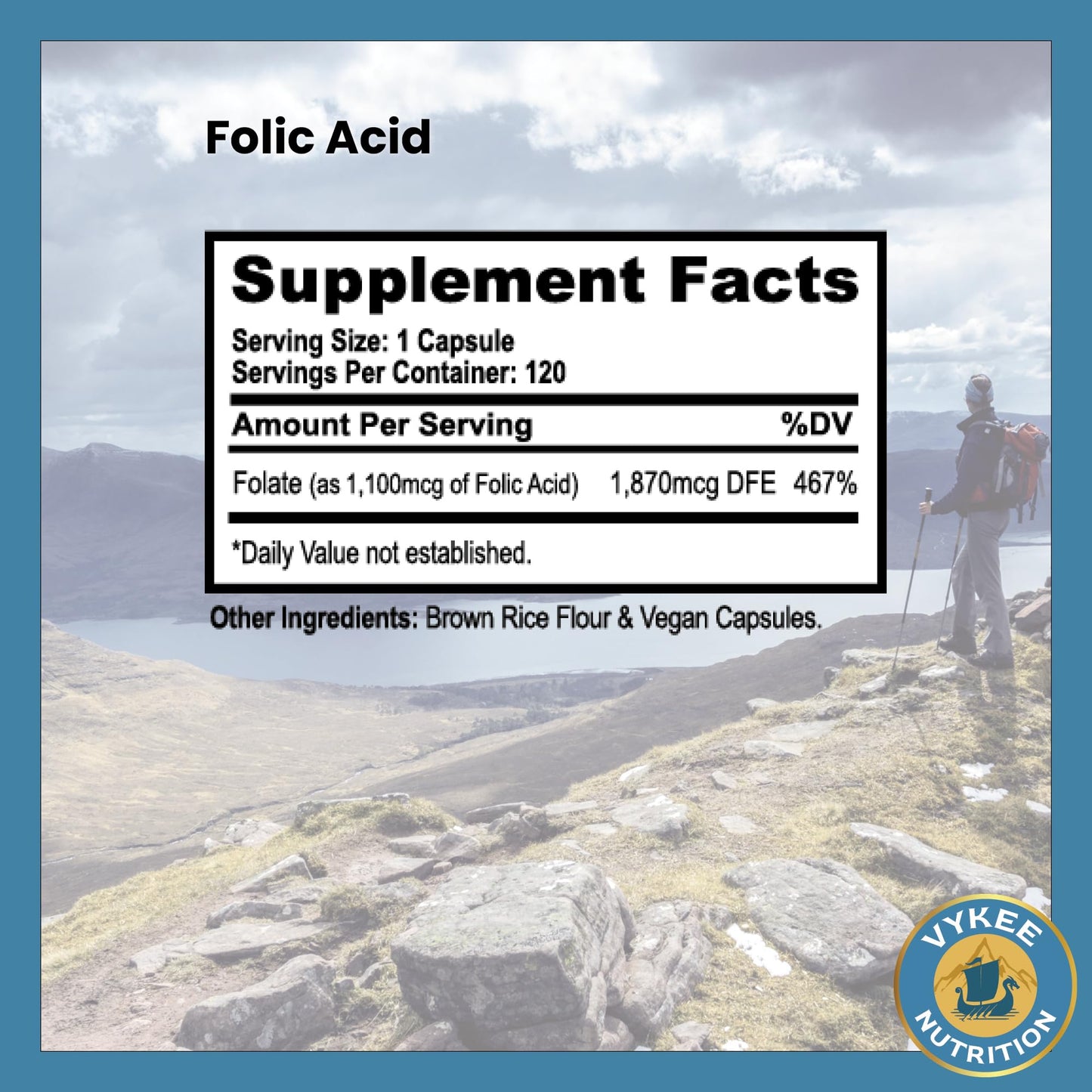 Vykee Nutrition Folic Acid Supplement – High-Potency Vitamin B9 1,870mg DFE Folate, 1,100mg Folic Acid | Vegan, Non-GMO | Supports Cellular Health, Energy Production & Prenatal Wellness | 120 Capsules