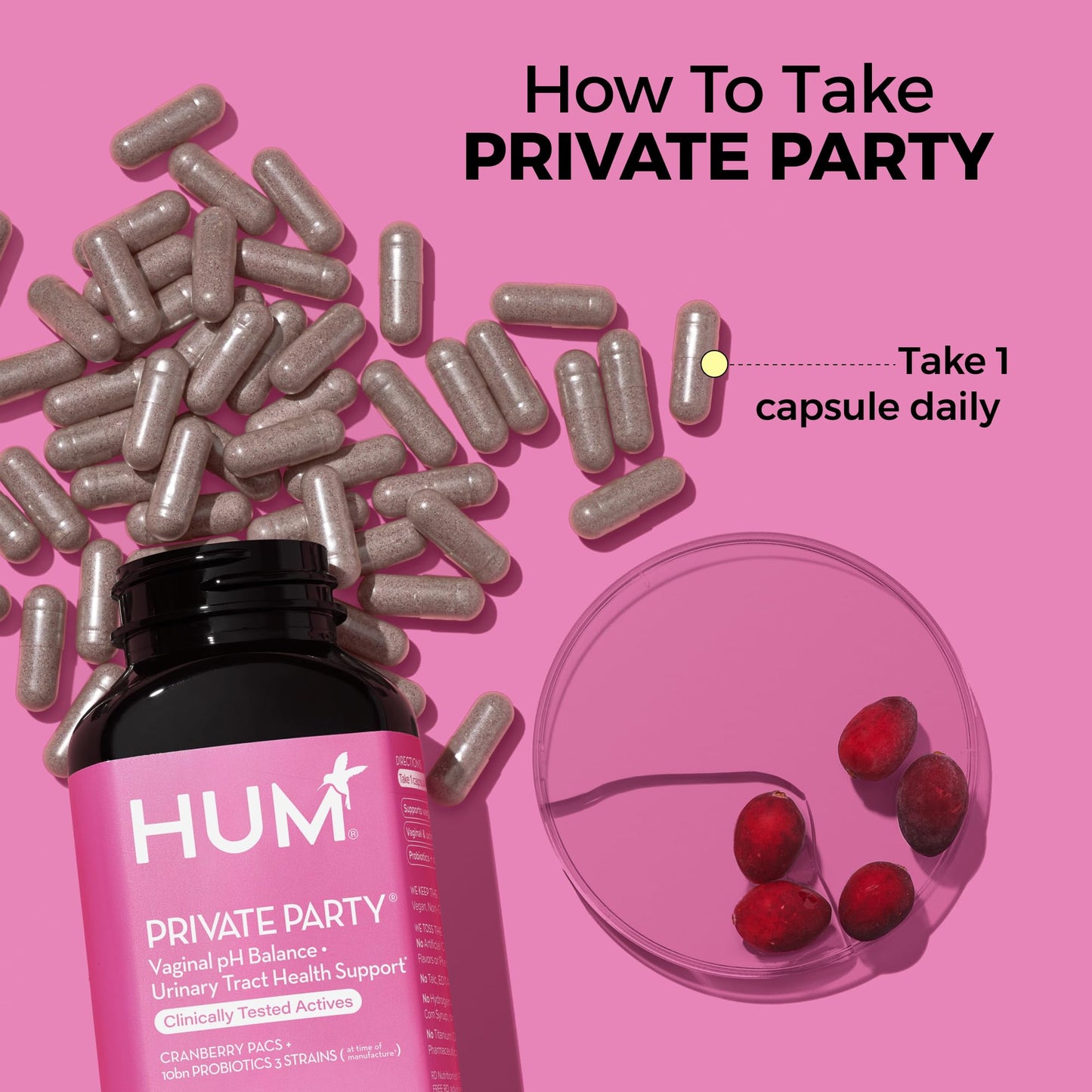 HUM Private Party - Vaginal Probiotics for Women's Health, pH Balance Supplement, and Urinary Tract Support with Cranberry & Lactobacillus Blend | Cranberry Pills, (30 Capsules)