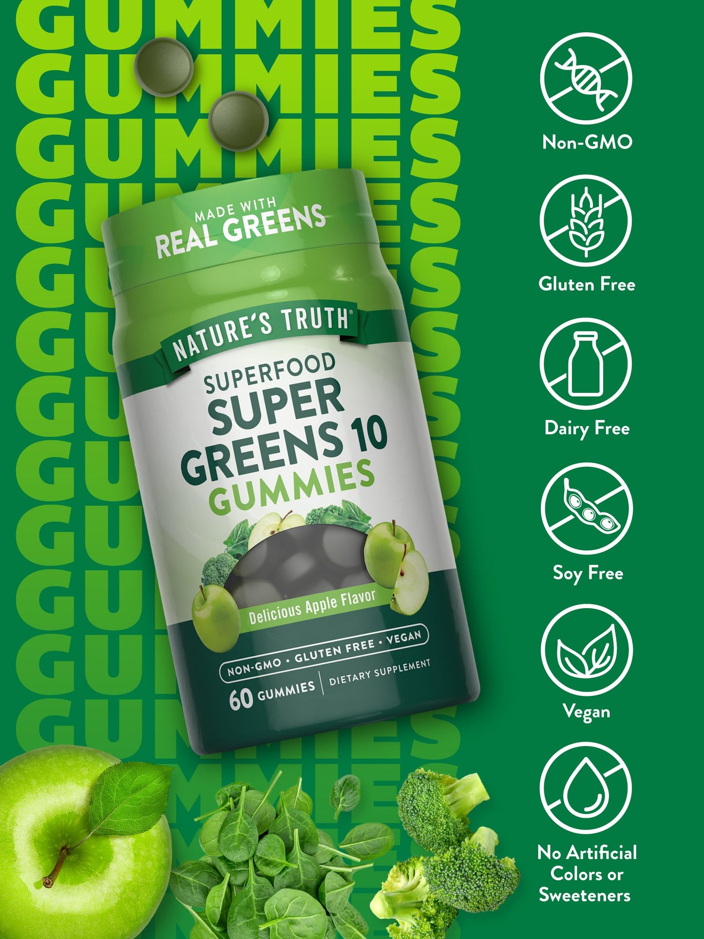 Nature's Truth Super Greens Gummies | 60 Count | Vegan, Non-GMO & Gluten Free | Made with Real Greens | Apple Flavor