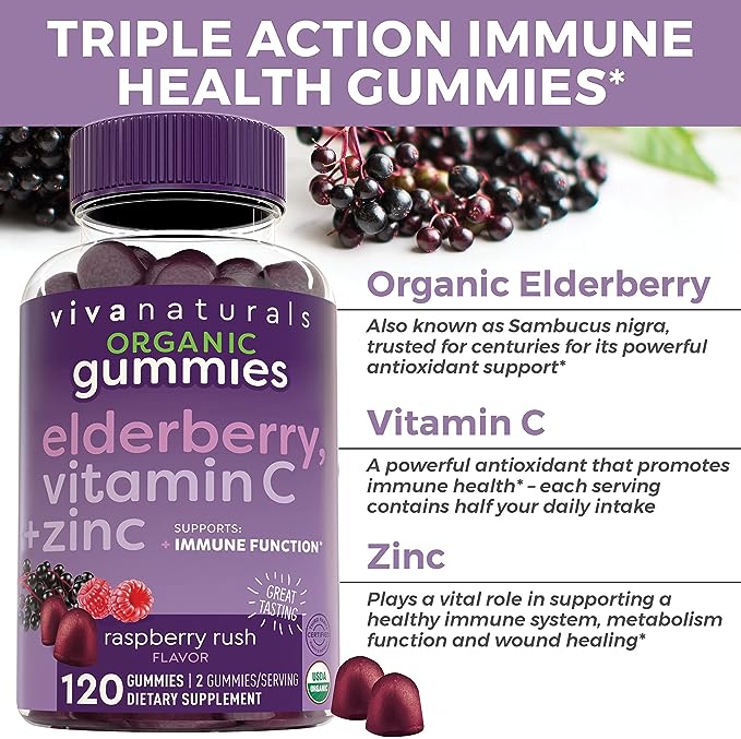 Organic Elderberry Gummies with Zinc and Vitamin C (120 Count) - Two-Month Supply, Certified USDA Organic 3-in-1 Chewable Sambucus Elderberry Gummies, Immune Support Supplement