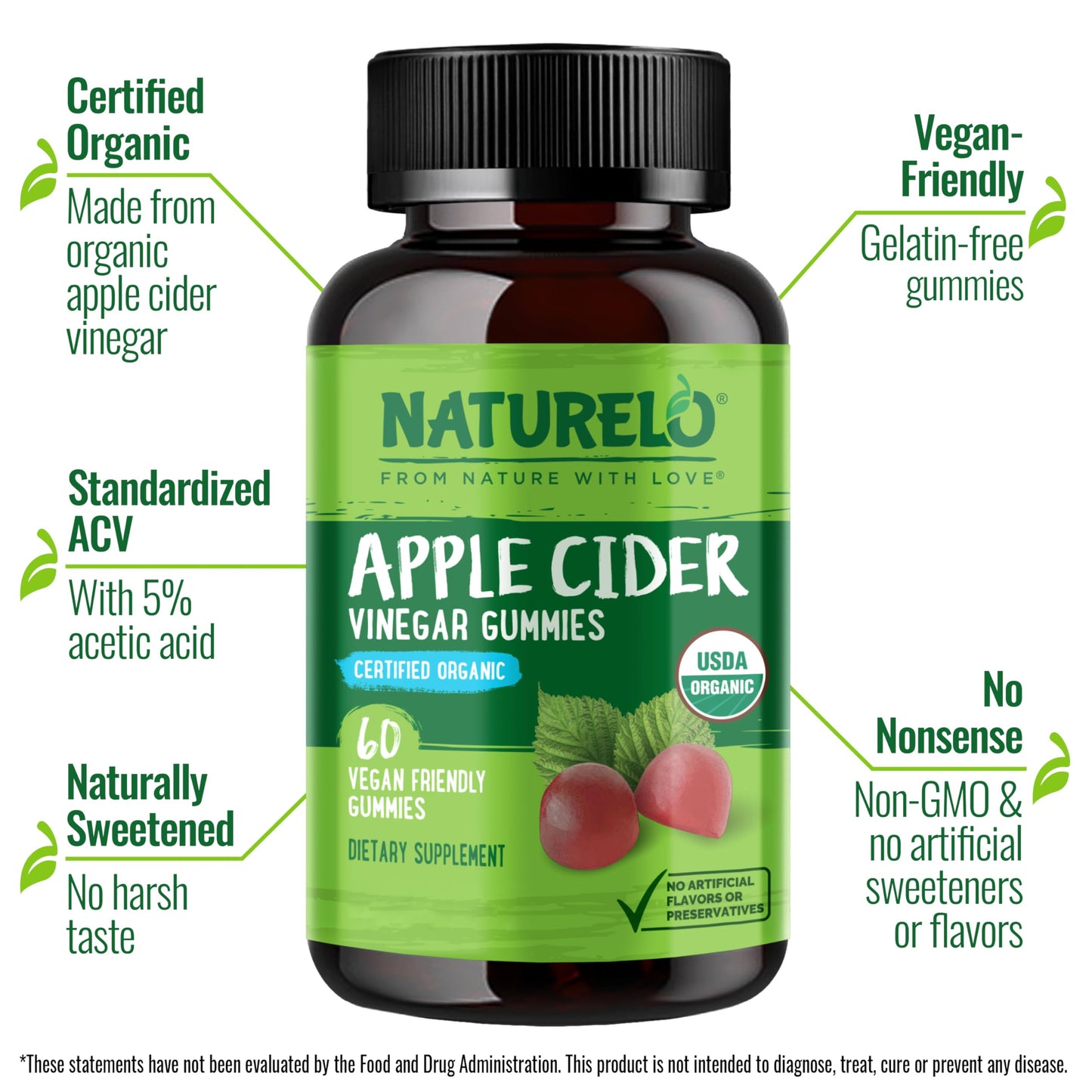 NATURELO Apple Cider Vinegar Gummies, Certified Organic, Vegan - 60 Gummies