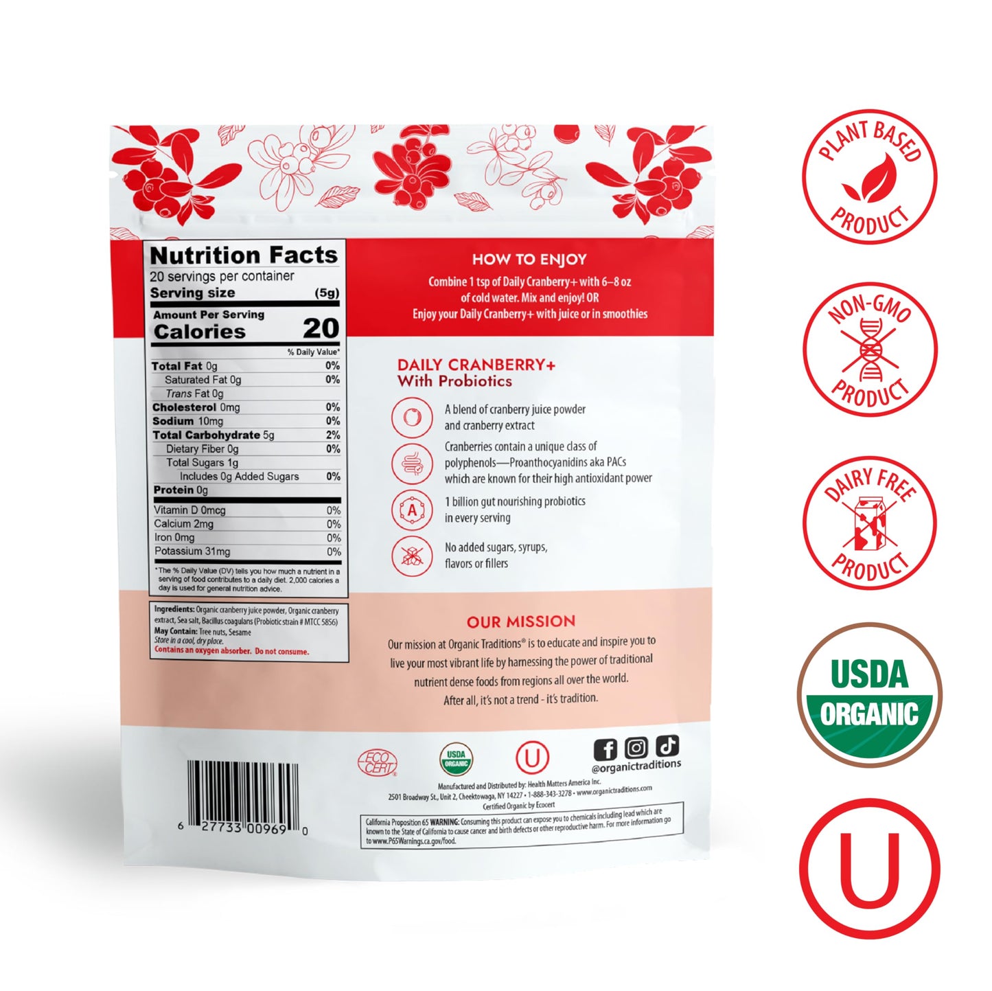 Organic Traditions Daily Cranberry + Cranberry Juice Powder from 100% Organic Cranberries, No Added Sugar, Cranberry Powder Supplement, 3.5oz (100g) Bag