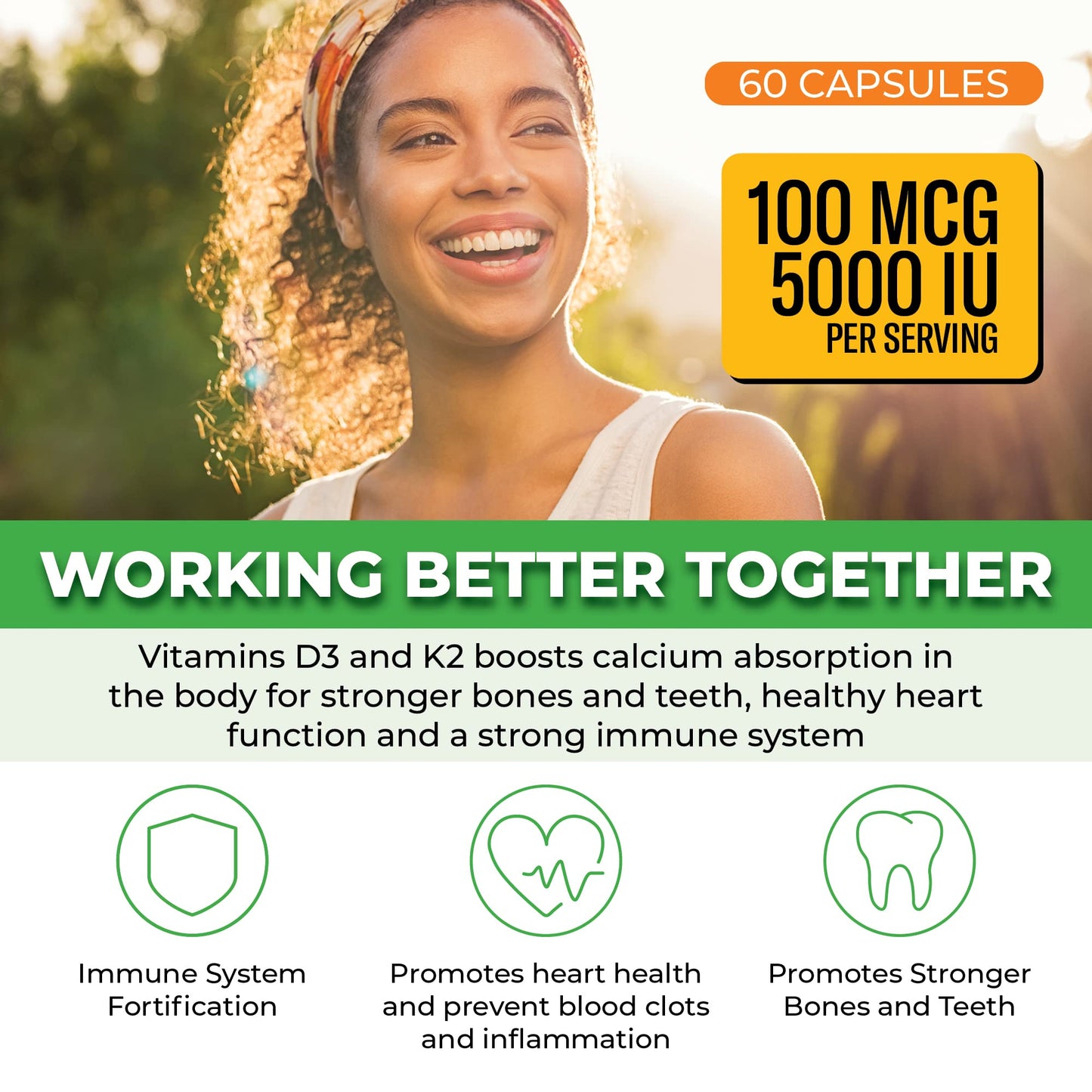 ForestLeaf Vitamin D3 + K2 (MK7) Supplement - MenaQ7 - Calcium and Vitamin D3 5000 IU Max Absorption - Teeth and Bone Strength, Heart Health, Immune System Support - 60 Veggie Capsules