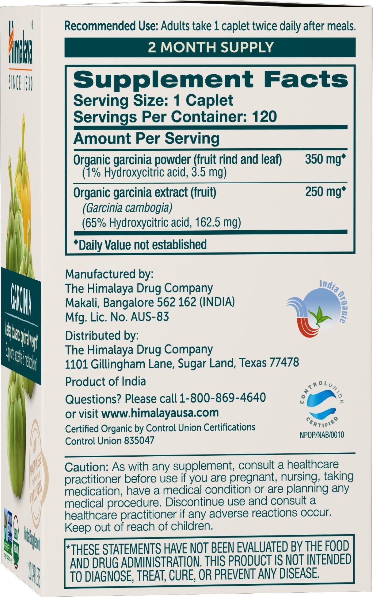 Himalaya Organic Garcinia Cambogia Herbal Supplement, Appetite Support, Lipid Metabolism, Weight Support, USDA Organic, Non-GMO, Vegan, 600 mg, 120 Plant-Based Caplets