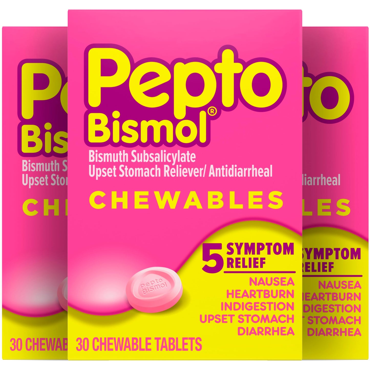Pepto Bismol Chewable Tablets for Nausea, Heartburn, Indigestion, Upset Stomach, and Diarrhea Relief, Original Flavor, 90 Total (3 Packs of 30)