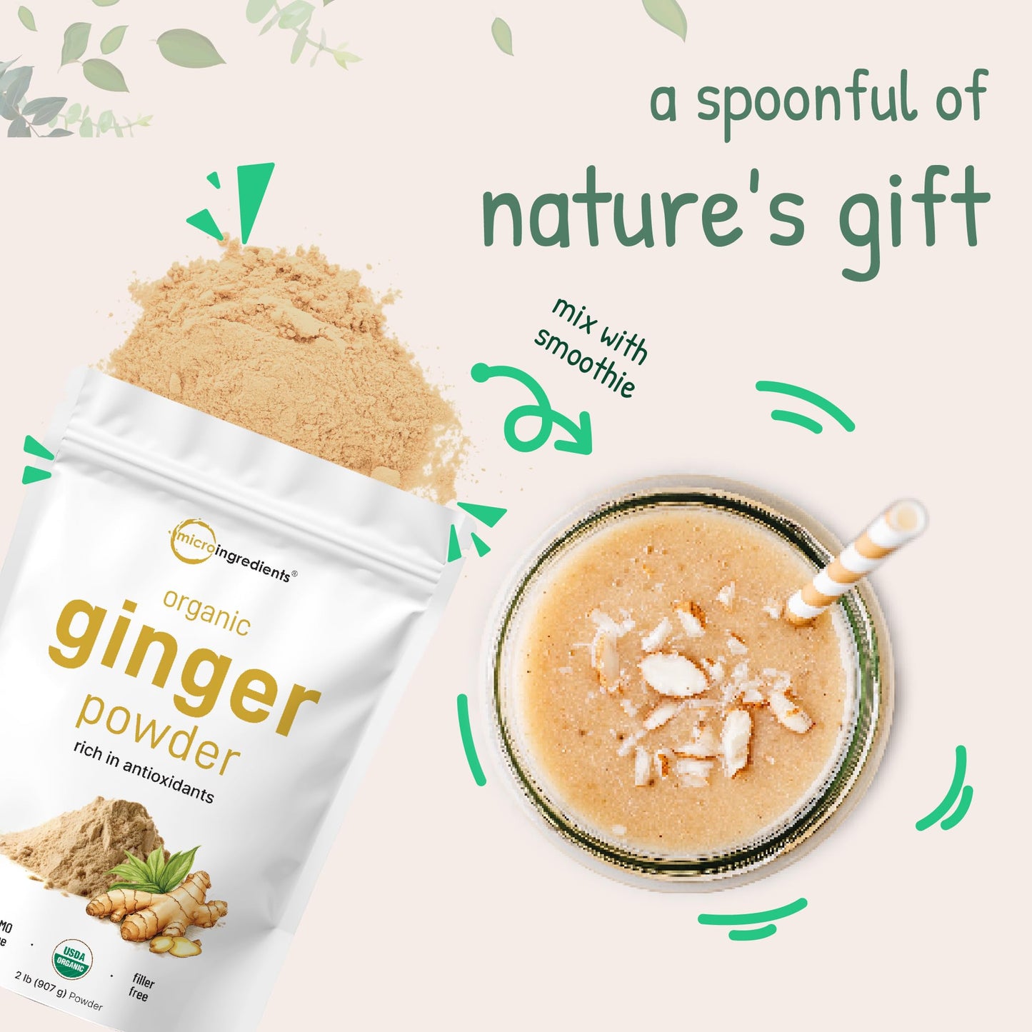 Organic Ginger powder, 2lbs (32oz) | Premium Source for Spice & Seasoning | Great for Baking, Cooking & Tea | Additive Free, Non-GMO, Bulk Supply