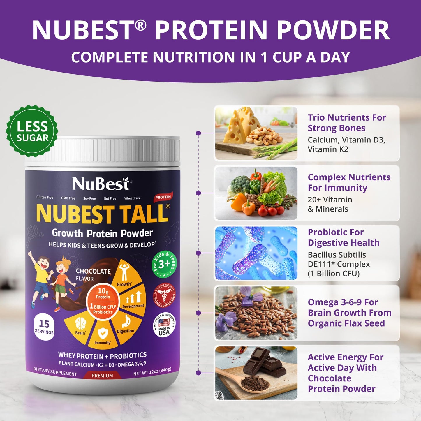 NuBest Tall Protein Powder for Kids & Teens - Whey Protein Powder - Chocolate Protein Powder Shake - Protein Drink with Probiotics, Omega 3-6-9, Vitamin D3 + K2, Calcium, Vitamin - 15 Servings
