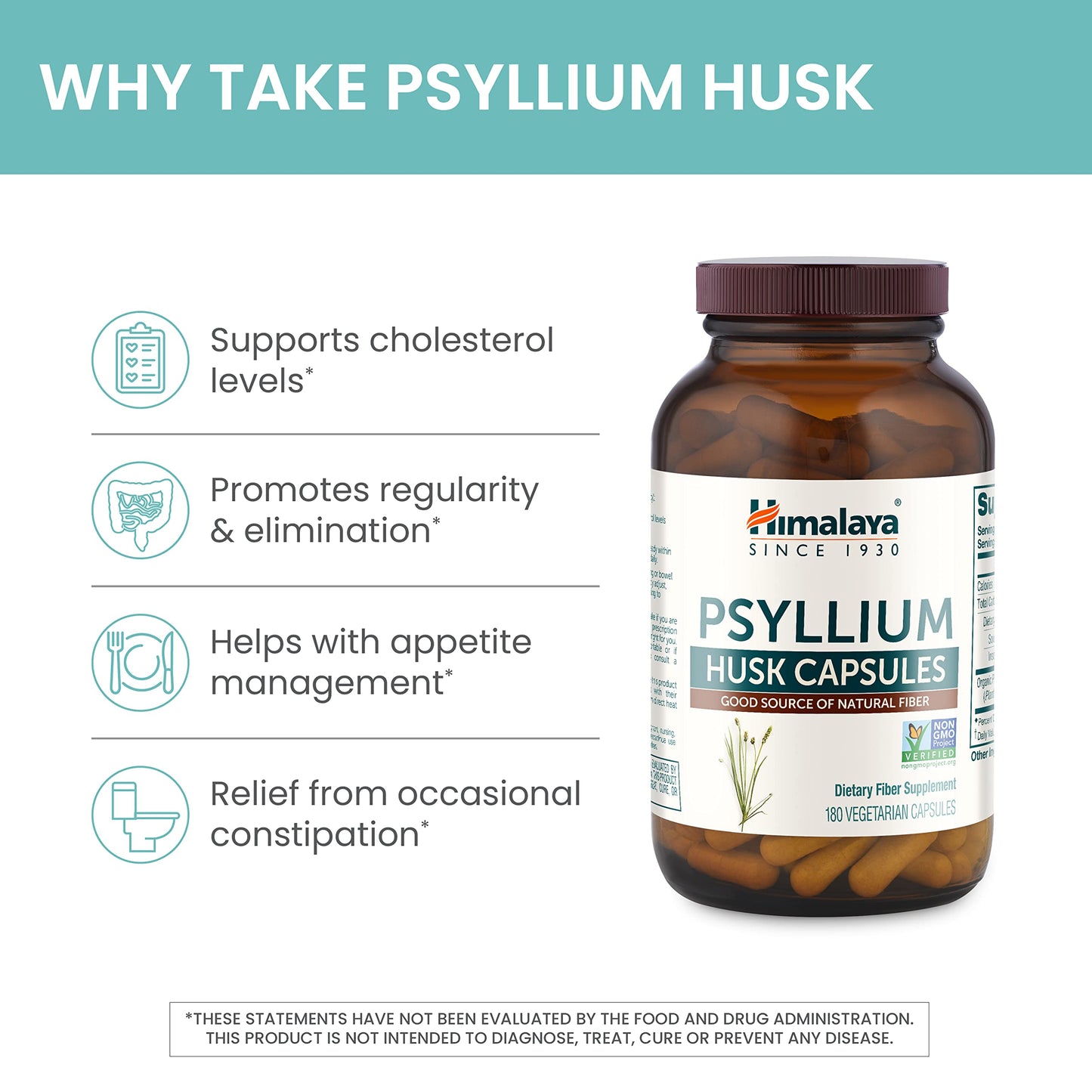 Himalaya Psyllium Husk Capsules, 36 Day Supply - Daily Fiber Supplement for Supporting Digestive Health and Regularity - Vegan, Non-GMO, Sugar Free, Gluten Free, 180 Capsules