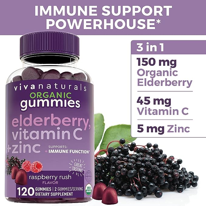 Organic Elderberry Gummies with Zinc and Vitamin C (120 Count) - Two-Month Supply, Certified USDA Organic 3-in-1 Chewable Sambucus Elderberry Gummies, Immune Support Supplement