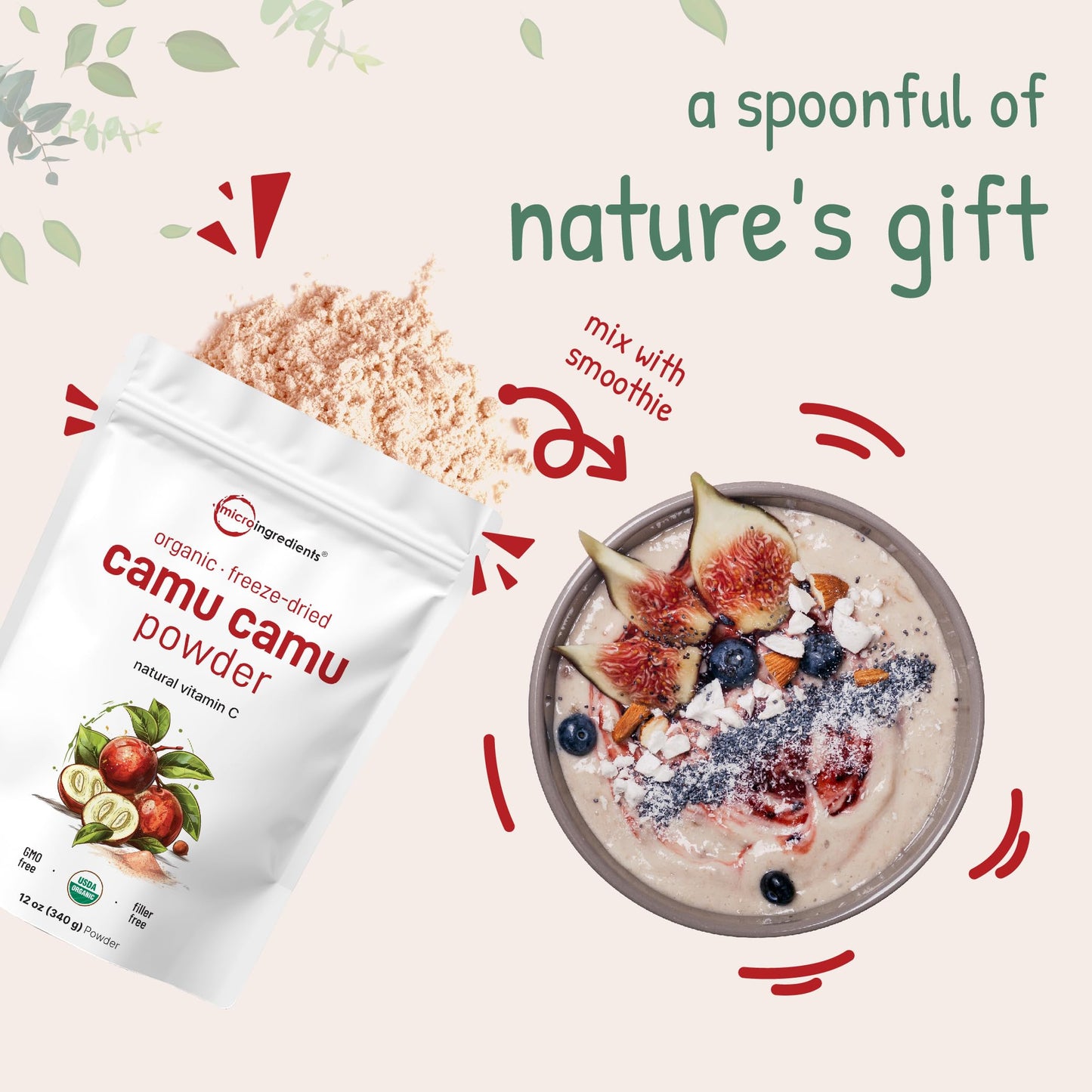 Organic Camu Camu Powder, 12 oz | High Natural Vitamin C Level | Fresh Freeze-Dried Berries Source | No GMOs, Vegan Friendly