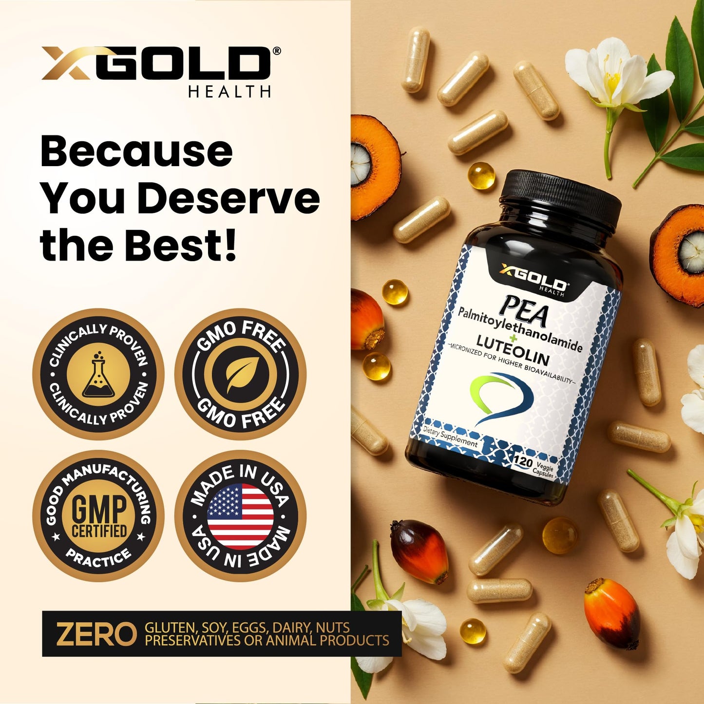 Palmitoylethanolamide 630 mg + Luteolin Standardized 98%- Micronized Pea 99% Highly Purified and Bioavailable - Made in USA - Supplement for Men and Women - 120 Veggie Capsules