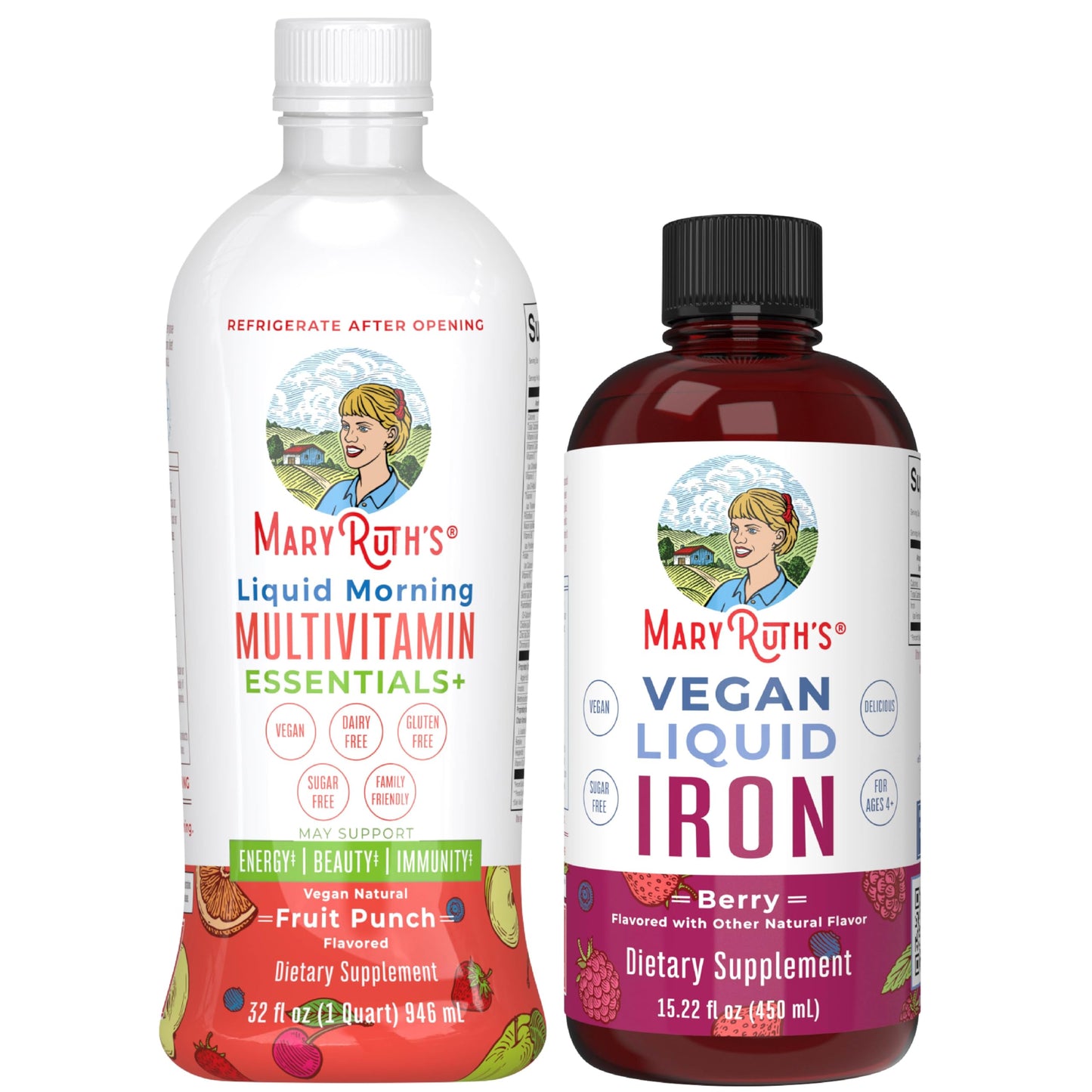 MaryRuth Organics Liquid Morning Multivitamin (Fruit Punch) & Iron Liquid (Berry) | Clean Label Project Verified® | Vitamins for Energy, Immunity, & Overall Health | Vegan, Non-GMO, Gluten Free