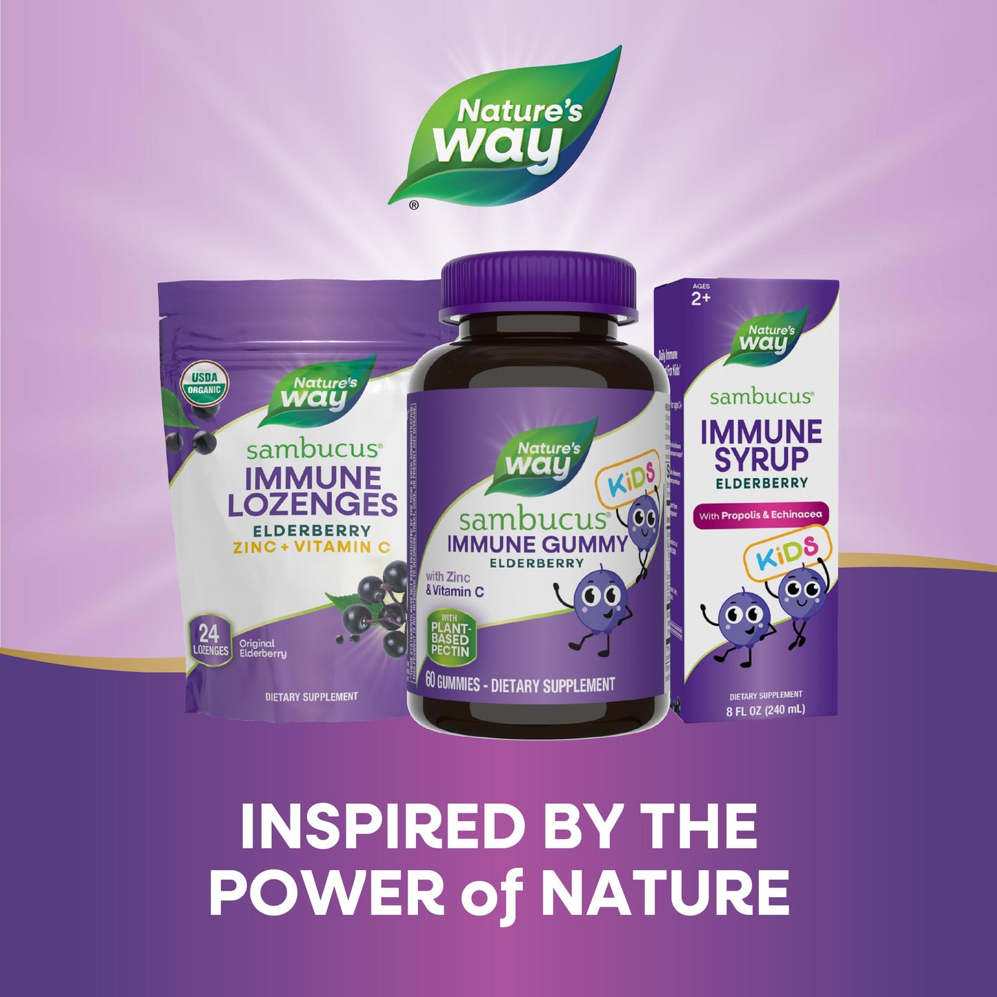 Nature's Way Sambucus Elderberry Immune Gummies for Kids, Immune Support Gummies*, with Black Elderberry Extract, Vitamin C and Zinc, 60 Gummies (Packaging May Vary)