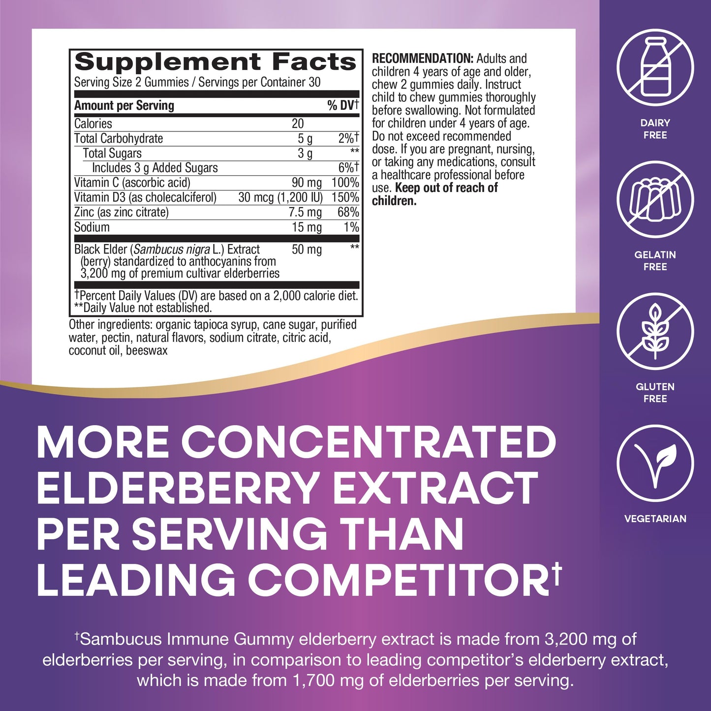 Nature’s Way Sambucus Elderberry Immune Gummies, Daily Immune Support for Kids and Adults*, with Vitamin C, Vitamin D3, Zinc, Gluten Free, Vegetarian, 60 Gummies (Packaging May Vary)