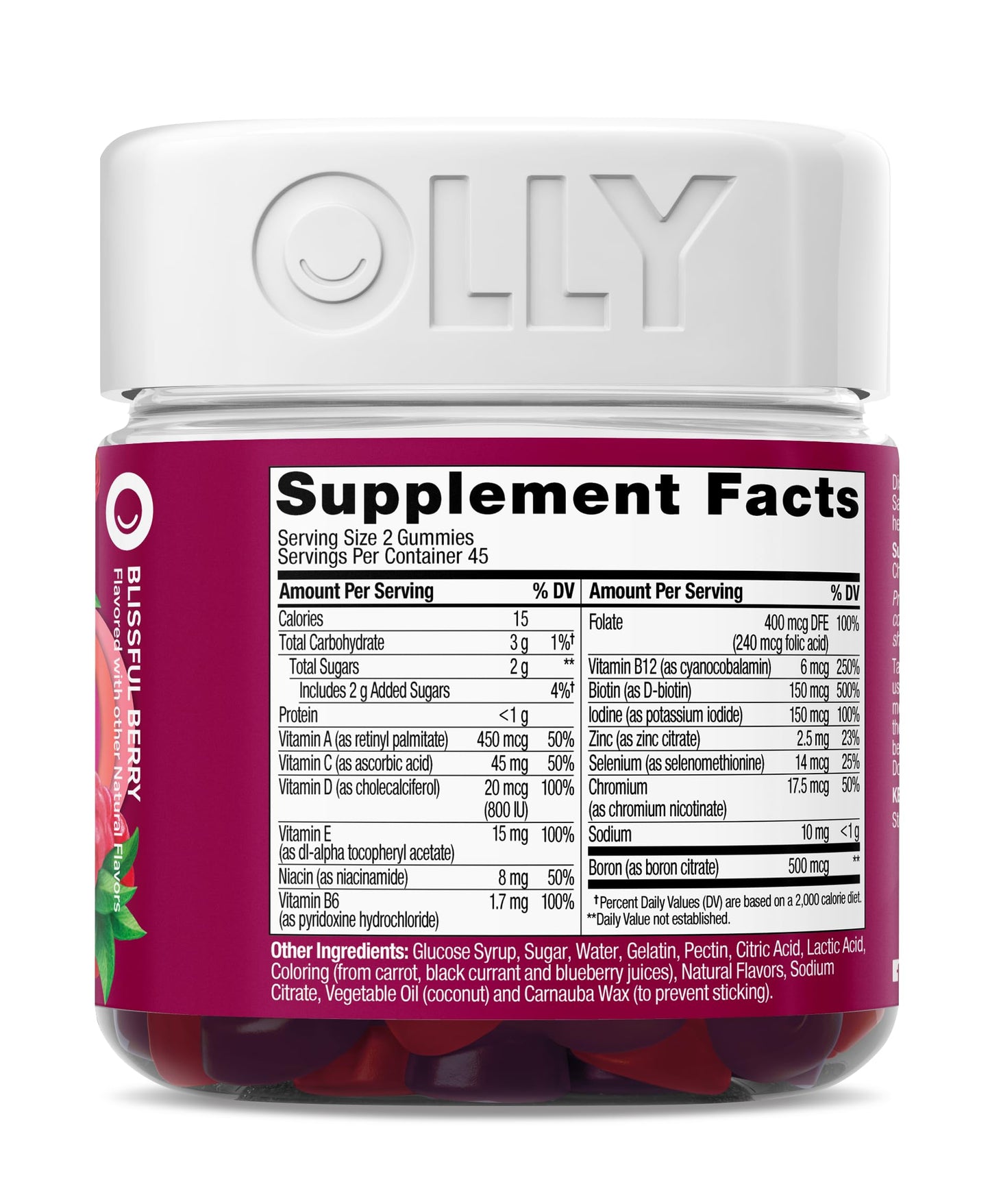 OLLY Women's Multivitamin Gummy, Vitamins A, D, C, E, Biotin, Folic Acid, Adult Chewable Vitamin, Berry Flavor, 45 Day Supply - 90 Count
