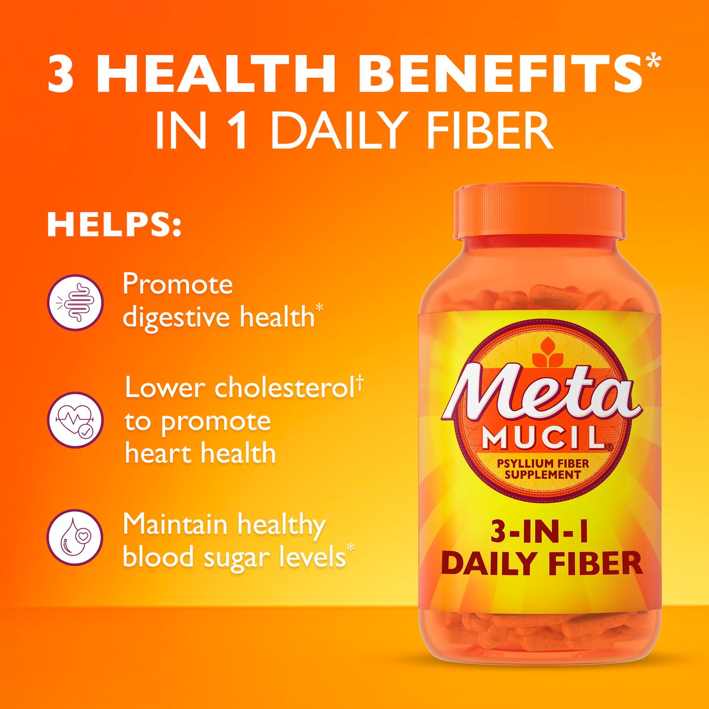 Metamucil, Daily Psyllium Husk Powder Supplement, 3-in-1 Fiber for Digestive Health, Plant Based Fiber, 300ct Capsules
