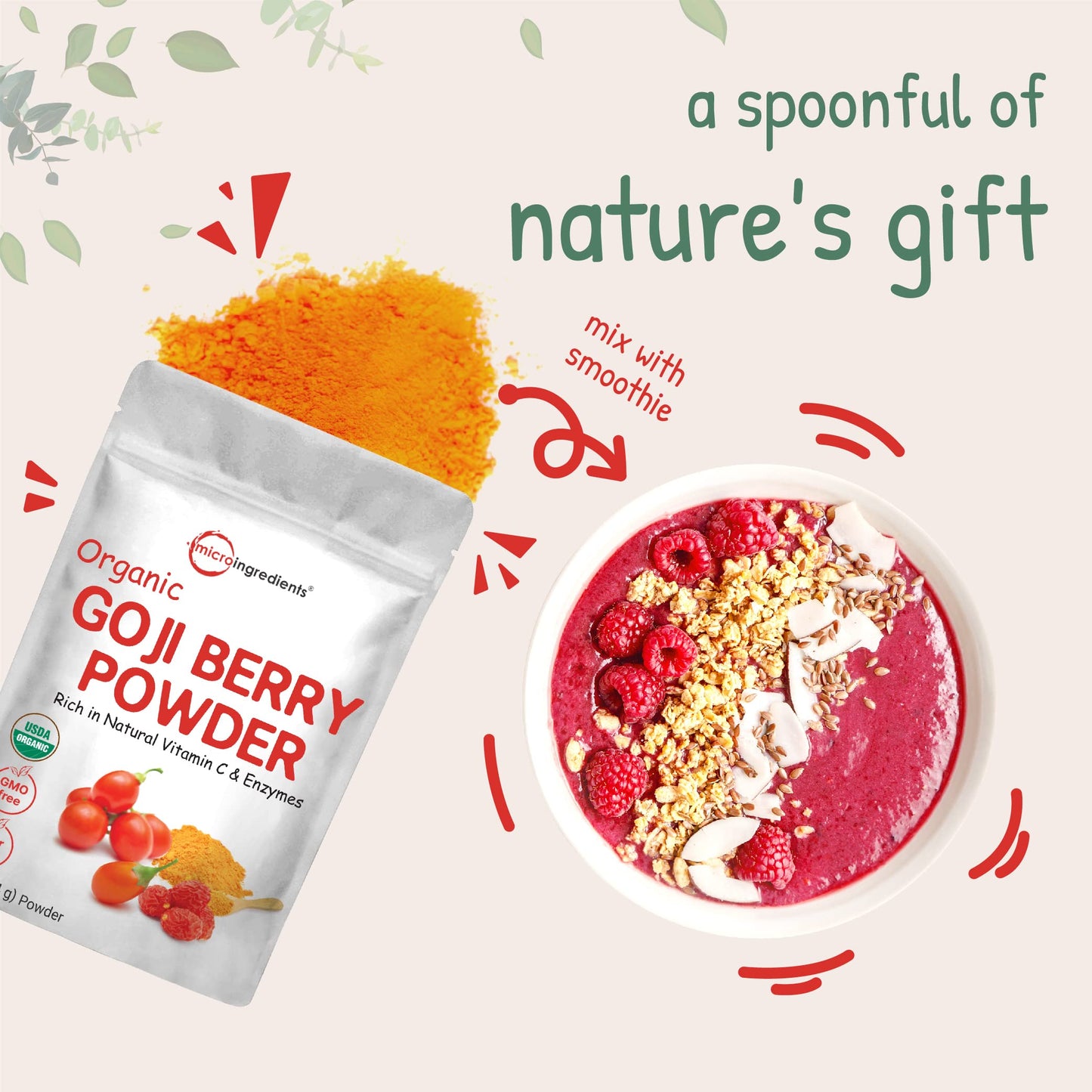 Organic Goji Powder, 16 Ounces | 100% Natural Fruit Source | Sulfate & Additive Free | Great Flavor for Drinks, Snacks, & Beverages | Non-GMO & Vegan