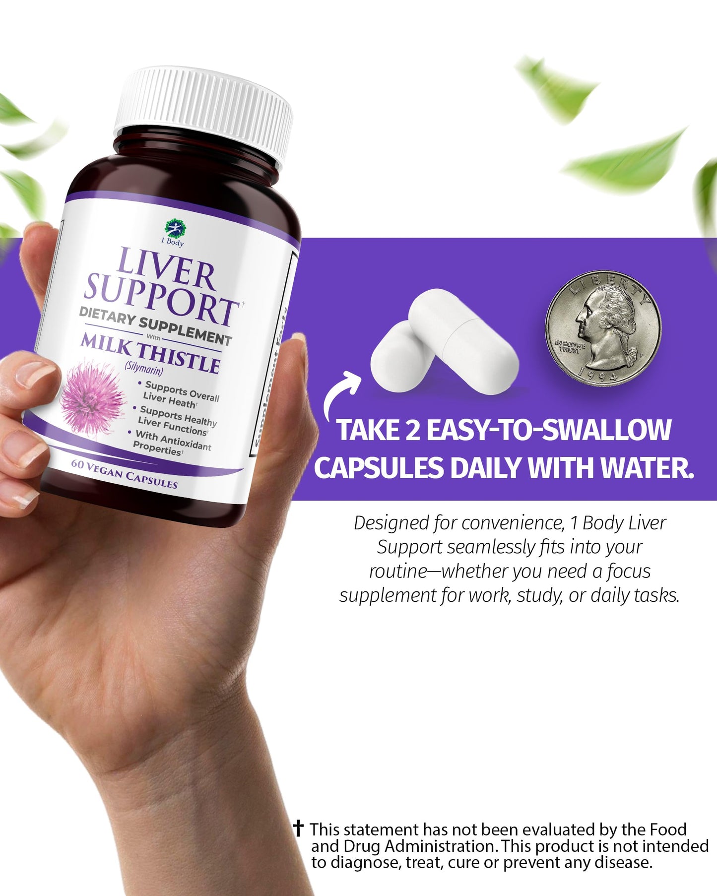 1 Body Liver Support Supplement – Milk Thistle, Dandelion Root & Artichoke for Liver Cleanse & Function, Natural Liver Health Formula, Non-GMO, Vegan 60 Capsules
