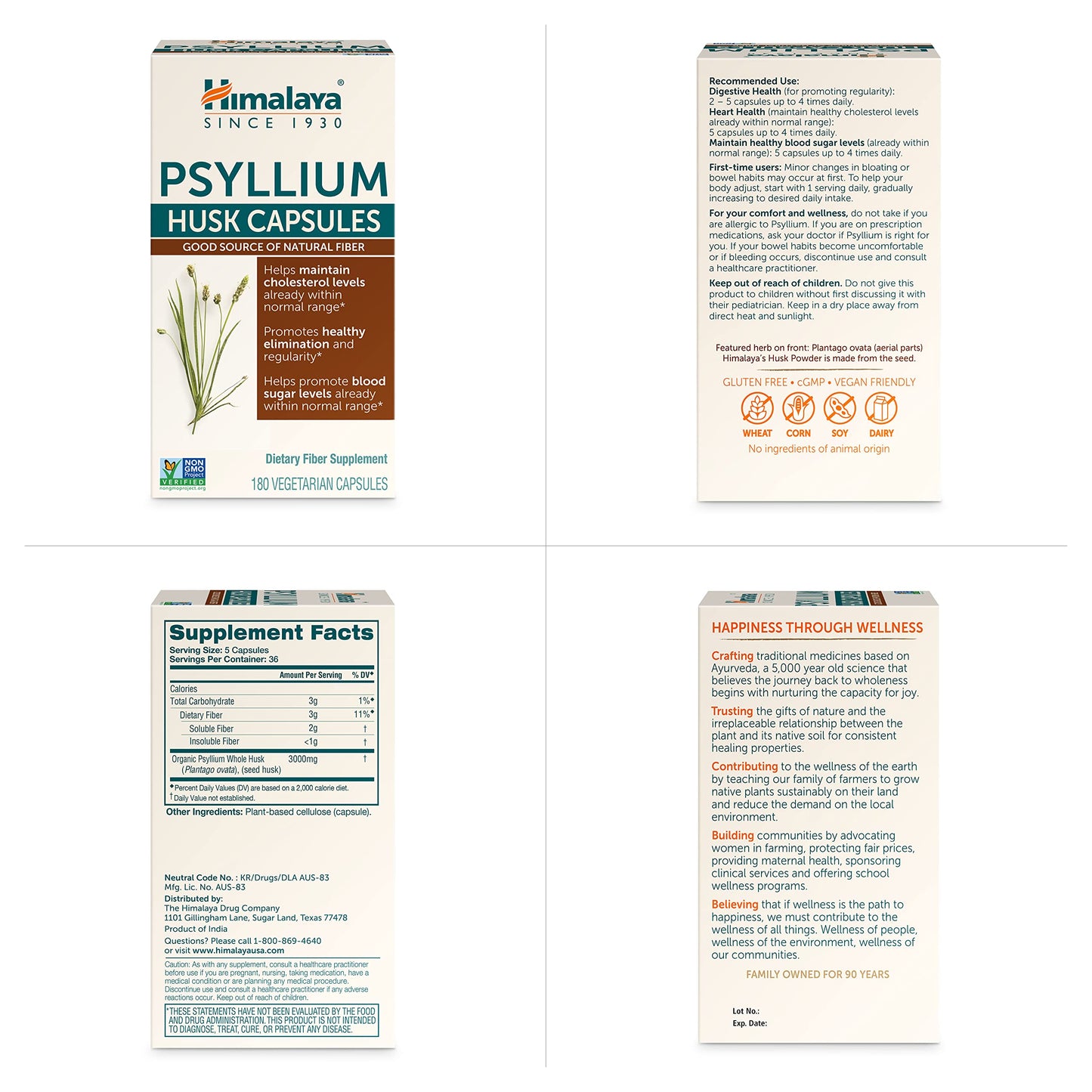 Himalaya Psyllium Husk Capsules, 36 Day Supply - Daily Fiber Supplement for Supporting Digestive Health and Regularity - Vegan, Non-GMO, Sugar Free, Gluten Free, 180 Capsules