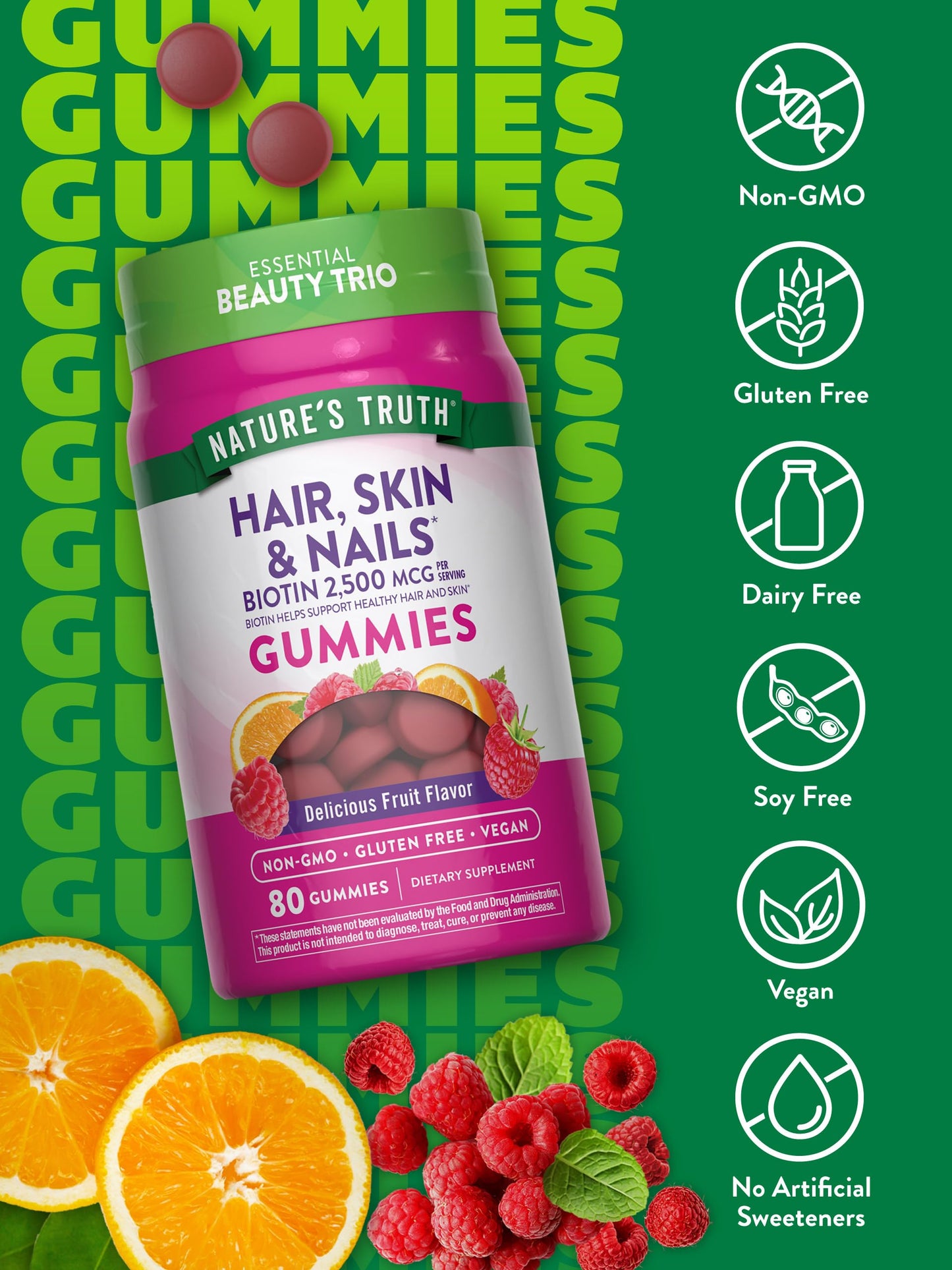 Nature's Truth Hair Skin and Nails Gummies | 80 Count | 2500mcg of Biotin | Vegan, Non-GMO, Gluten Free Supplement | Vitamin for Women & Men