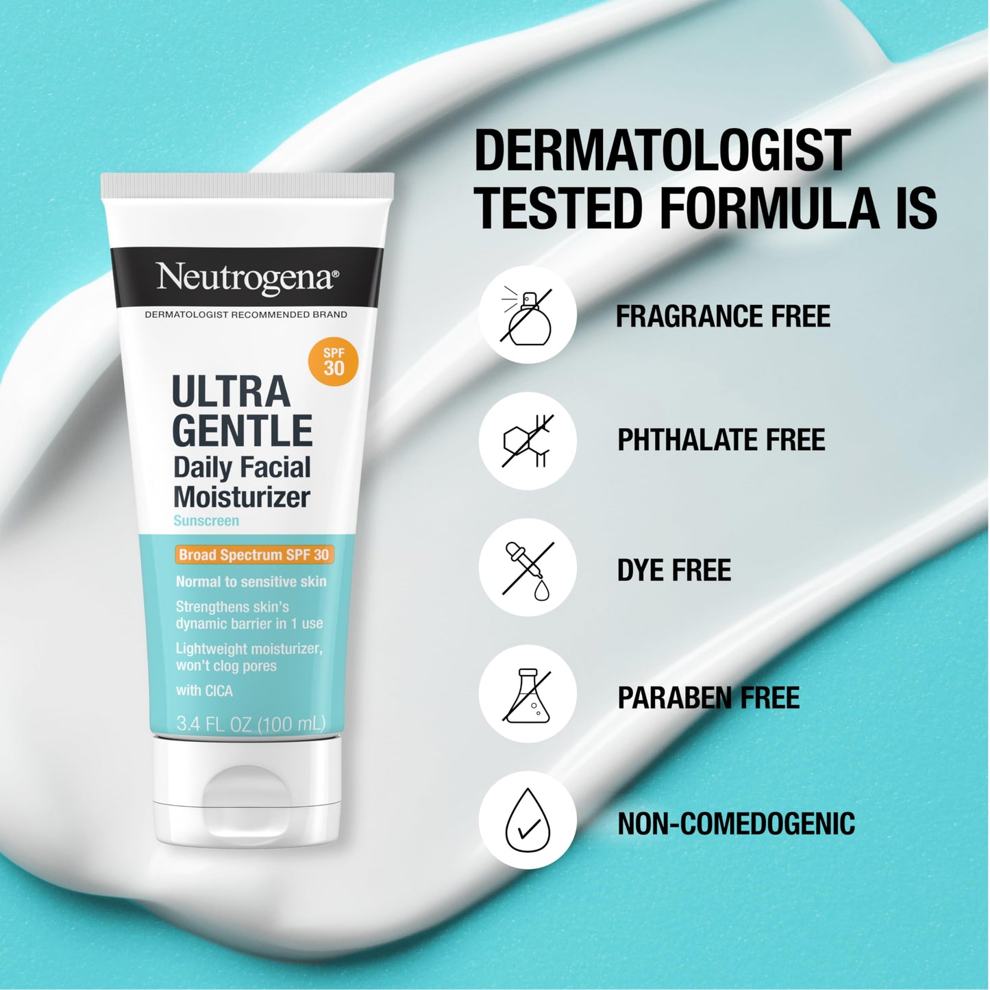 Neutrogena Ultra Gentle Daily Facial Moisturizer with SPF 30 Sunscreen with CICA, Lightweight Face Lotion with Broad Spectrum SPF 30 for Normal to Sensitive Skin, Fragrance-Free, 3.4 fl. oz
