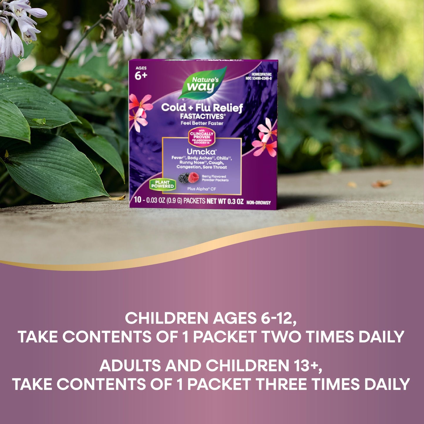 Nature's Way Cold + Flu Relief FastActives, Umcka, Homeopathic, Fever*, Sore Throat, Cough, Congestion, Body Aches*, Phenylephrine Free, Non-Drowsy, Berry Flavored, 10 Packets (Packaging May Vary)