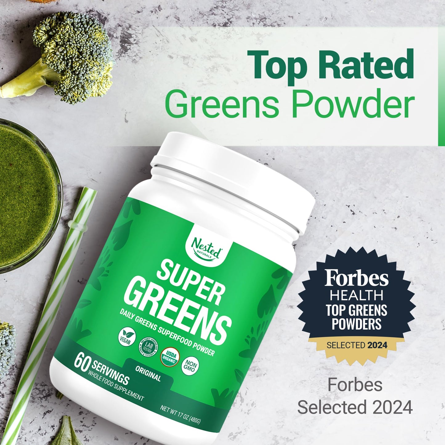 Nested Naturals Super Greens Daily Superfood Powder - Certified USDA Organic Green Powder w/20+ Whole Foods, Spirulina Powder, Wheat & Barley Grass - Probiotics, Fiber & Enzymes - Original Flavor, 60