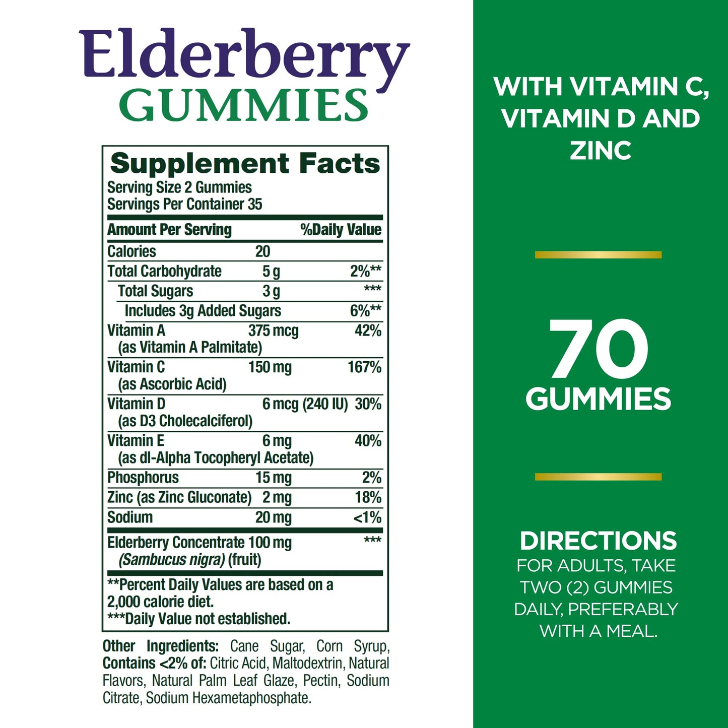 Nature's Bounty Elderberry Gummies, Dietary Supplement, Supports Immune Health, Contains Vitamin A, C, D, E and Zinc, 100 mg, 70 Gummies (Pack of 3)