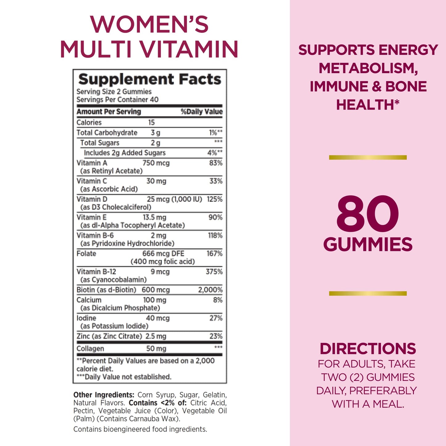 Nature's Bounty Optimal Solutions Women's Multivitamin, Immune and Cellular Energy Support, Bone Health, Raspberry Flavor, 80 Gummies (Pack of 2)
