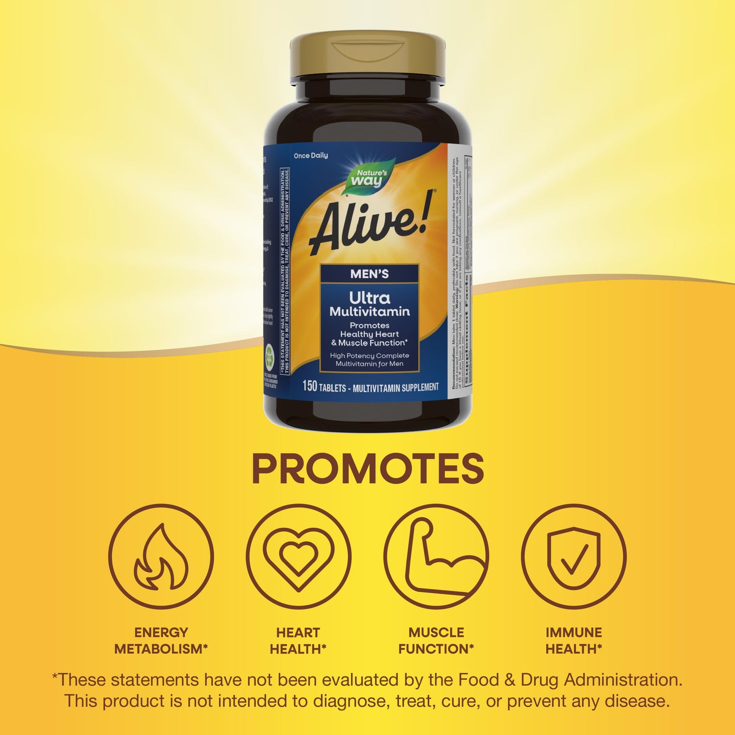 Nature's Way Alive! Men's Daily Ultra Multivitamin, Promotes Healthy Heart & Muscle Function*, with B-Vitamins Including Methylated B12, Gluten Free, 150 Tablets (Packaging May Vary)