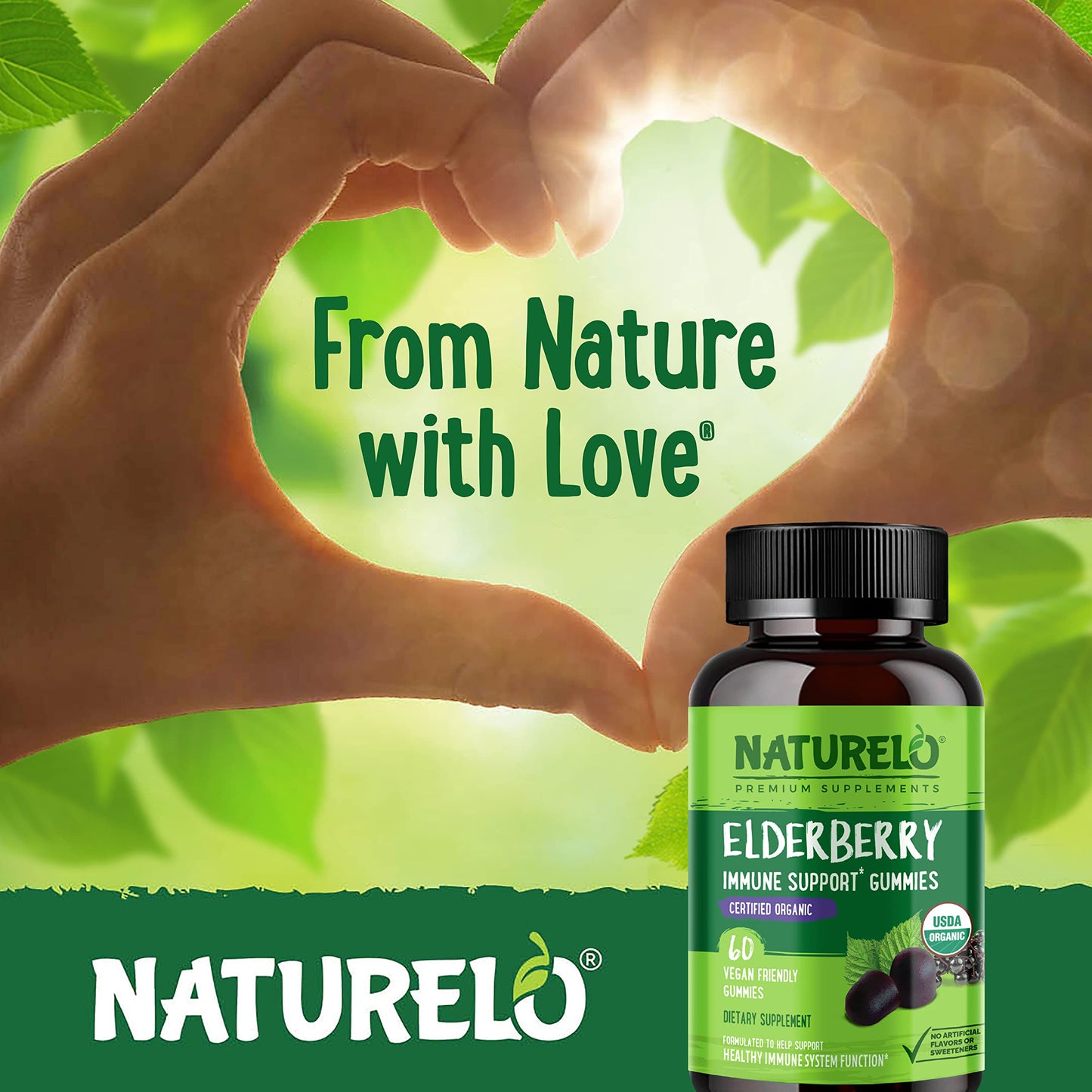 NATURELO Elderberry Gummies – Immune Support with Sambucus Elderberry + Vitamin C + Zinc – Certified Organic, 60ct