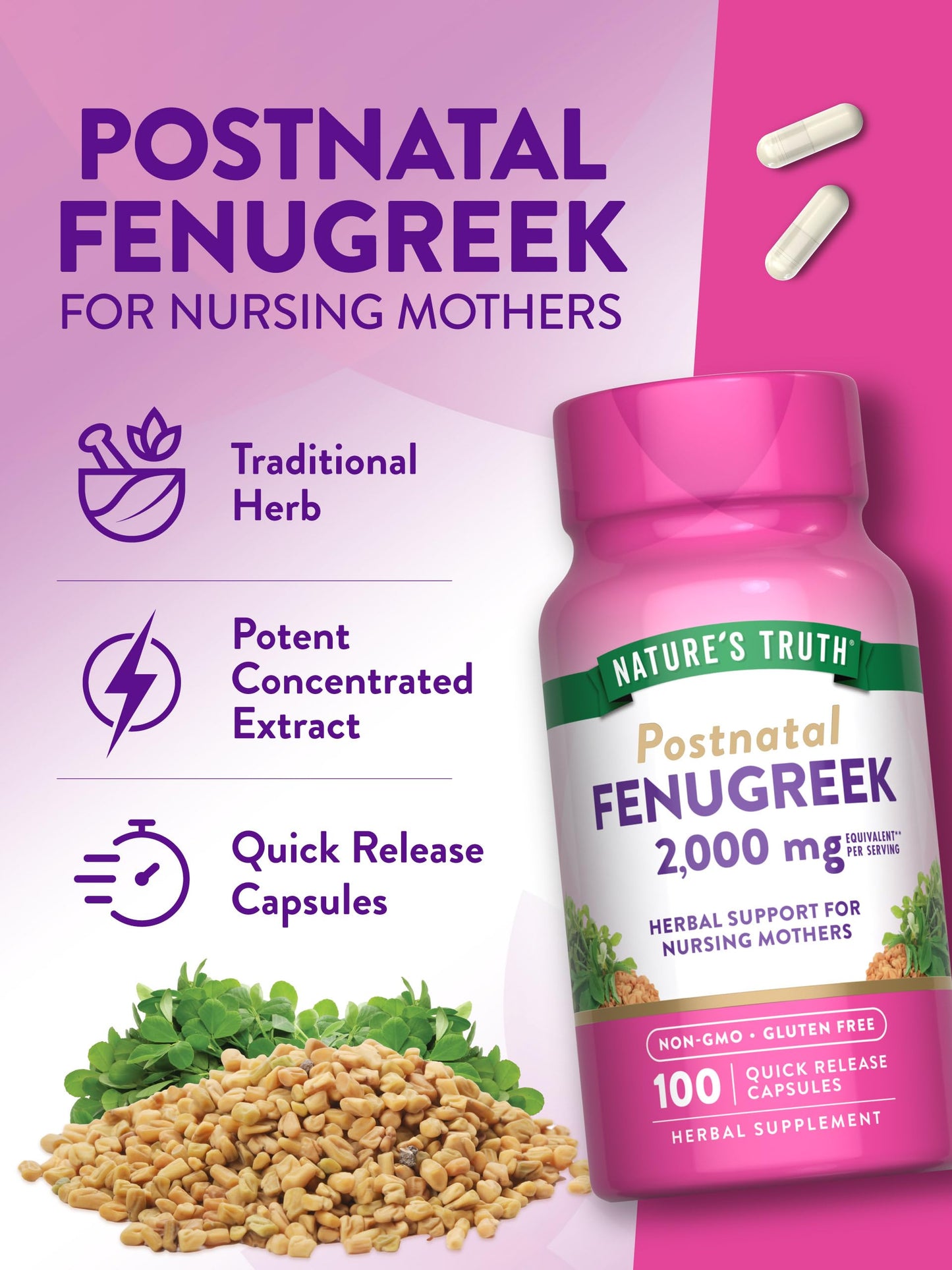 Nature's Truth Fenugreek Seed for Women | 2000mg | 100 Powder Capsules | Non-GMO and Gluten Free Supplement