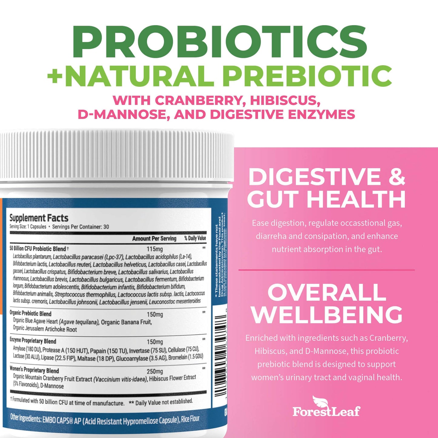 Probiotics for Women, 50 Billion CFU, 26 Unique Strains, Women's Probiotic and Prebiotics Support Digestive Health, w/ Cranberry, Hibiscus & D-Mannose for Vaginal PH Balance, Urinary, Gut (30 Caps)