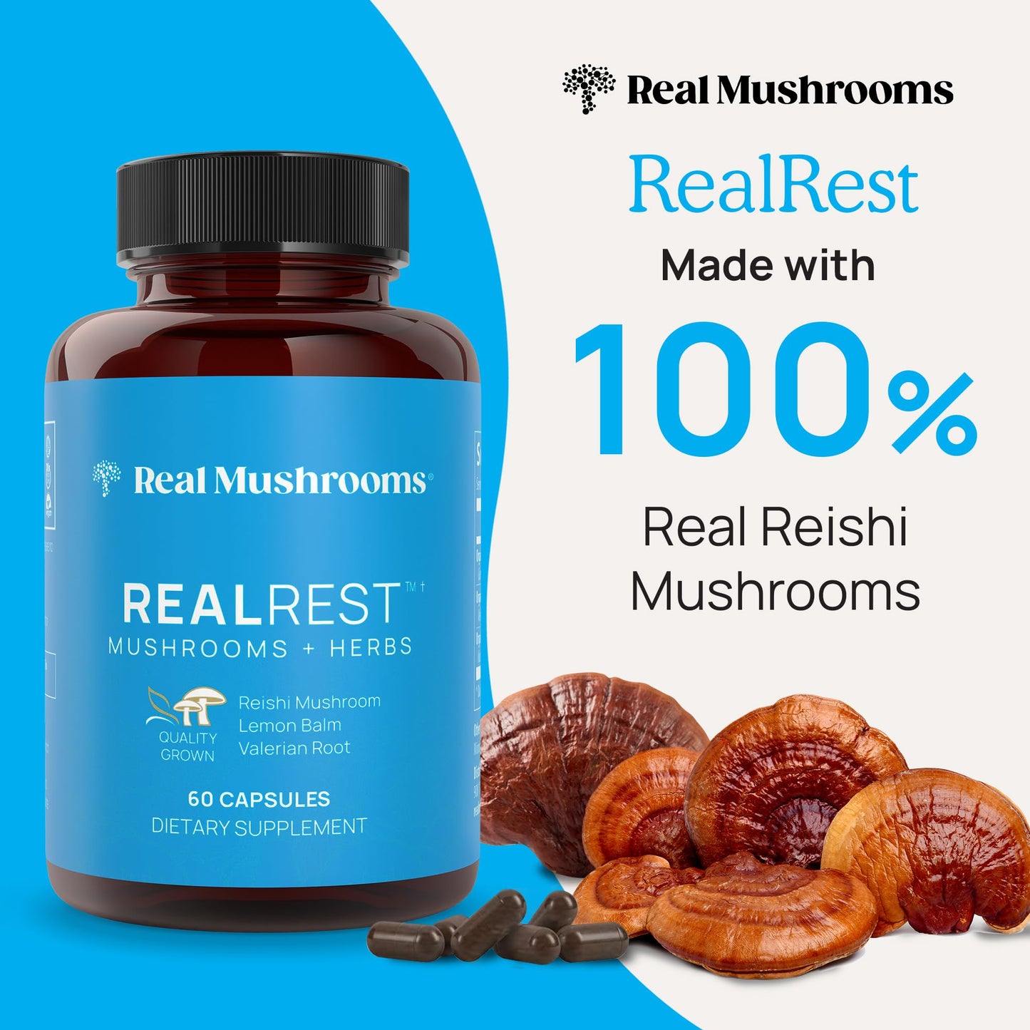 Real Mushrooms RealRest Capsules – Organic Reishi Mushroom and Lemon Balm Extract – Calmness, Mindfulness & Wellness Support – Vegan, Non-GMO, No Fillers – 60 Count Functional Mushroom Supplement