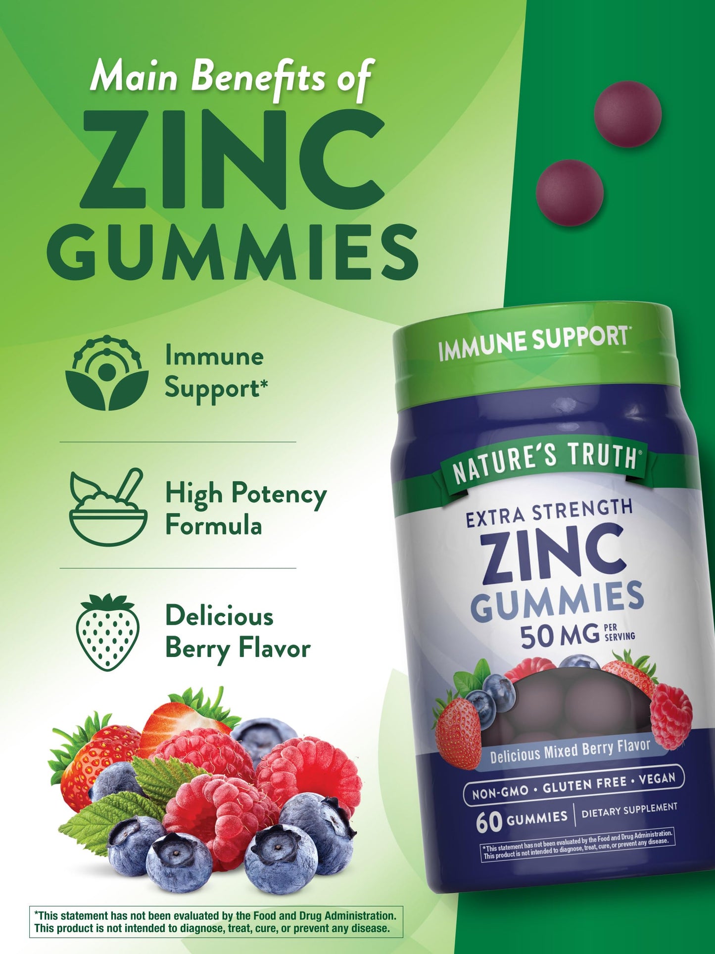 Nature's Truth Zinc Gummies for Adults | 50 mg | 60 Count | Vegan, Non-GMO & Gluten Free Extra Strength Supplement | Mixed Berry Flavor