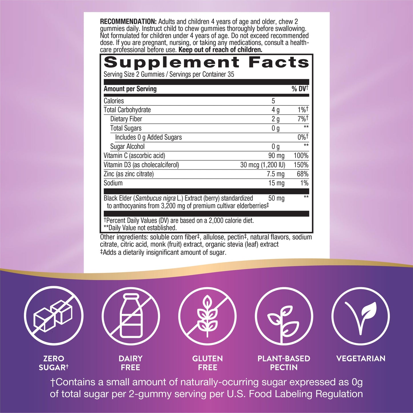 Nature's Way Sambucus Zero Sugar Immune Gummies, Daily Immune Support*, Black Elderberry Extract, Vitamin C, Vitamin D3, Zinc, Sugar Free, Sugar Alcohol Free, Plant-Based Sweeteners, 70 Gummies