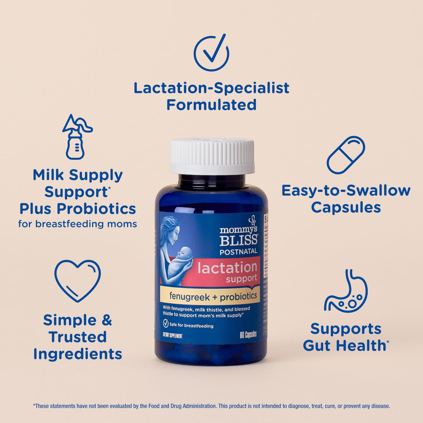 Mommy's Bliss Postnatal Lactation Support Supplement with Probiotics: Support Breastfeeding Milk Supply with Fenugreek, Blessed & Milk Thistle, Postpartum Immune Health While Nursing (60 Servings)