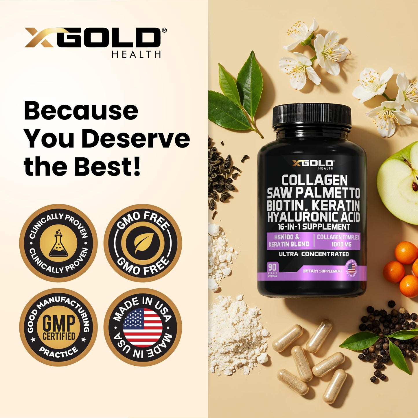 HSN100 - Collagen, Saw Palmetto, Biotin, Keratin & Hyaluronic Acid - 16-in-1 Beauty Supplement with Vitamin C & E, Collagen Complex & Keratin Blend - Hair, Skin & Nail Growth - 90 Capsules